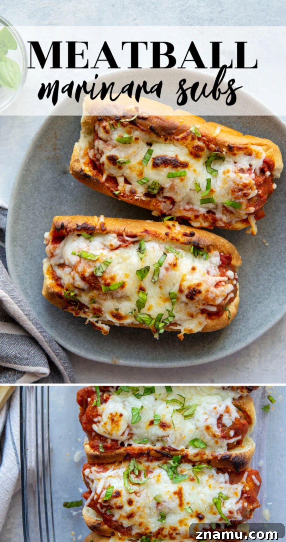 Cheesy Baked Meatball Subs 7 Two Meatball Marinara Subs, perfectly toasted and cheesy, on a white serving plate.