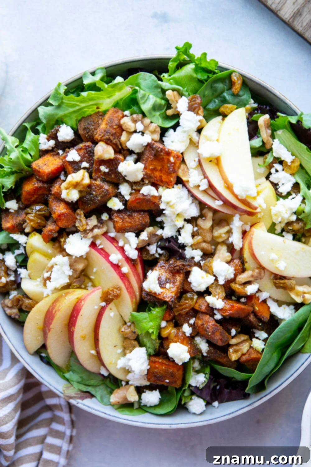 Roasted Moroccan Carrot and Apple Salad 4 A bowl of Moroccan Roasted Carrot Apple Salad with individual ingredients visible.