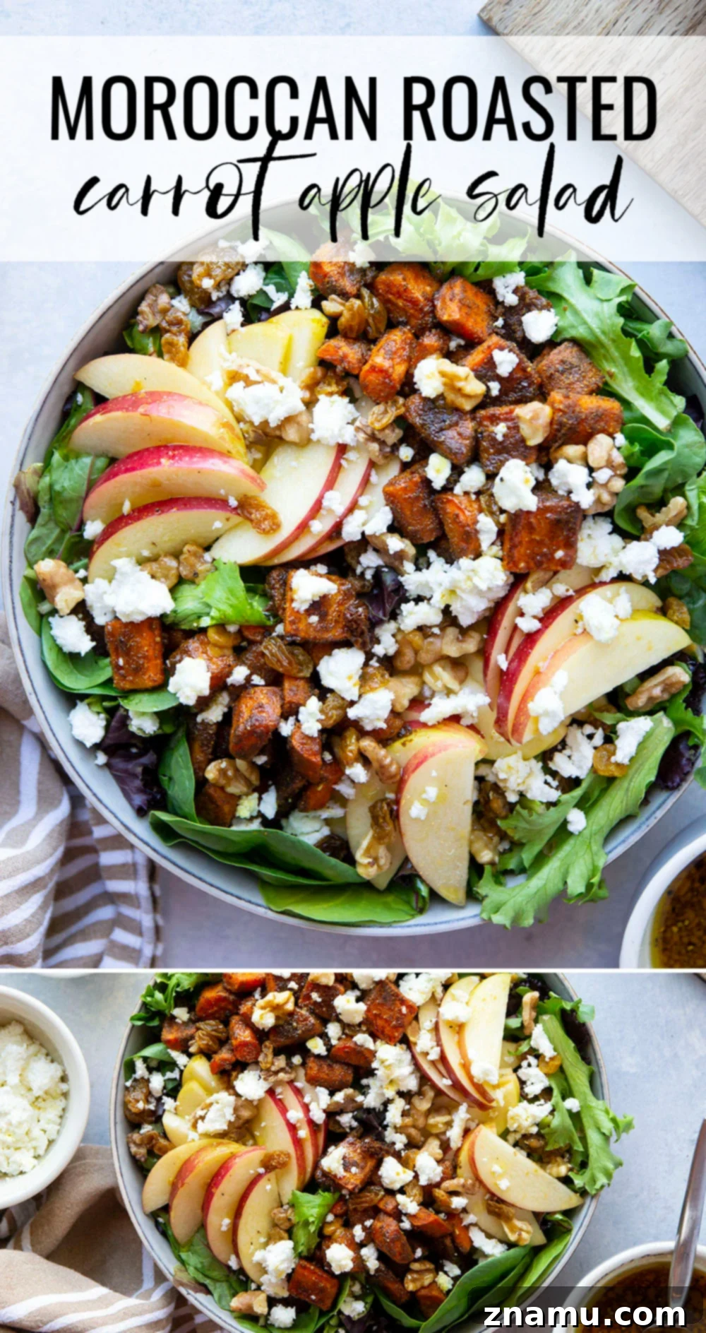 Roasted Moroccan Carrot and Apple Salad 7 A final overhead shot of the Moroccan Roasted Carrot Apple Salad in a serving bowl.