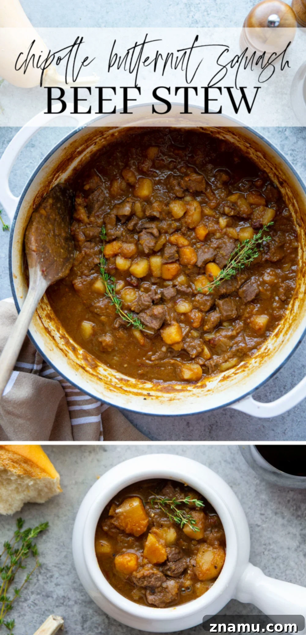 Hearty Chipotle Butternut Beef Braise 7 Sweet butternut squash and spicy chipotle add so many layers of flavor to this hearty butternut squash beef stew! It's made entirely in one pot and will make your house smell incredible.