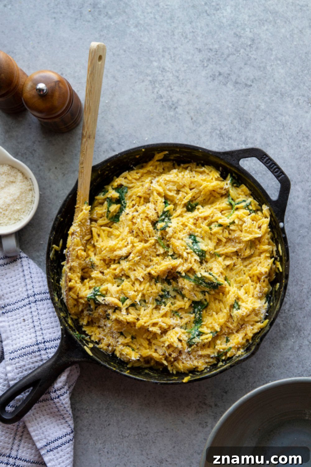 One Pot Velvety Pumpkin Orzo 3 A top-down view of the creamy pumpkin orzo in a skillet, with steam gently rising, highlighting the vibrant color and delicious texture of the dish. Made in one pot and packed with cozy fall flavors, this creamy pumpkin orzo is perfectly cheesy, creamy, and loaded with flavorful pumpkin, wilted spinach, and tender orzo.