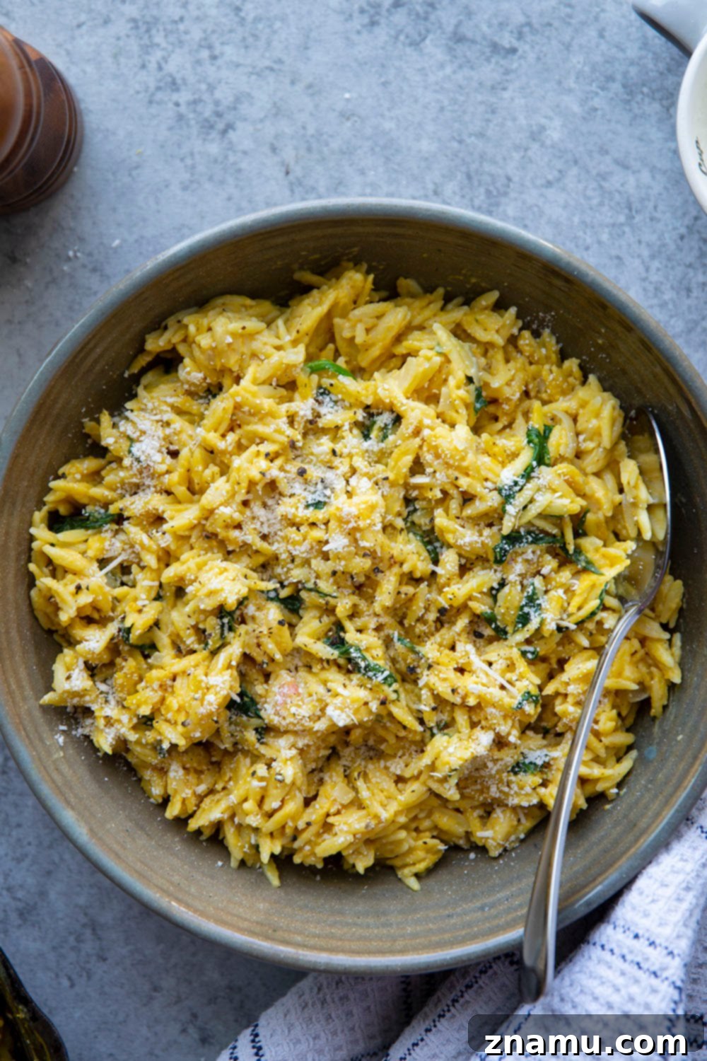 One Pot Velvety Pumpkin Orzo 4 A serving of creamy pumpkin orzo in a bowl, showing the thick, rich sauce clinging to the orzo and spinach, ready to be enjoyed. Made in one pot and packed with cozy fall flavors, this creamy pumpkin orzo is perfectly cheesy, creamy, and loaded with flavorful pumpkin, wilted spinach, and tender orzo.