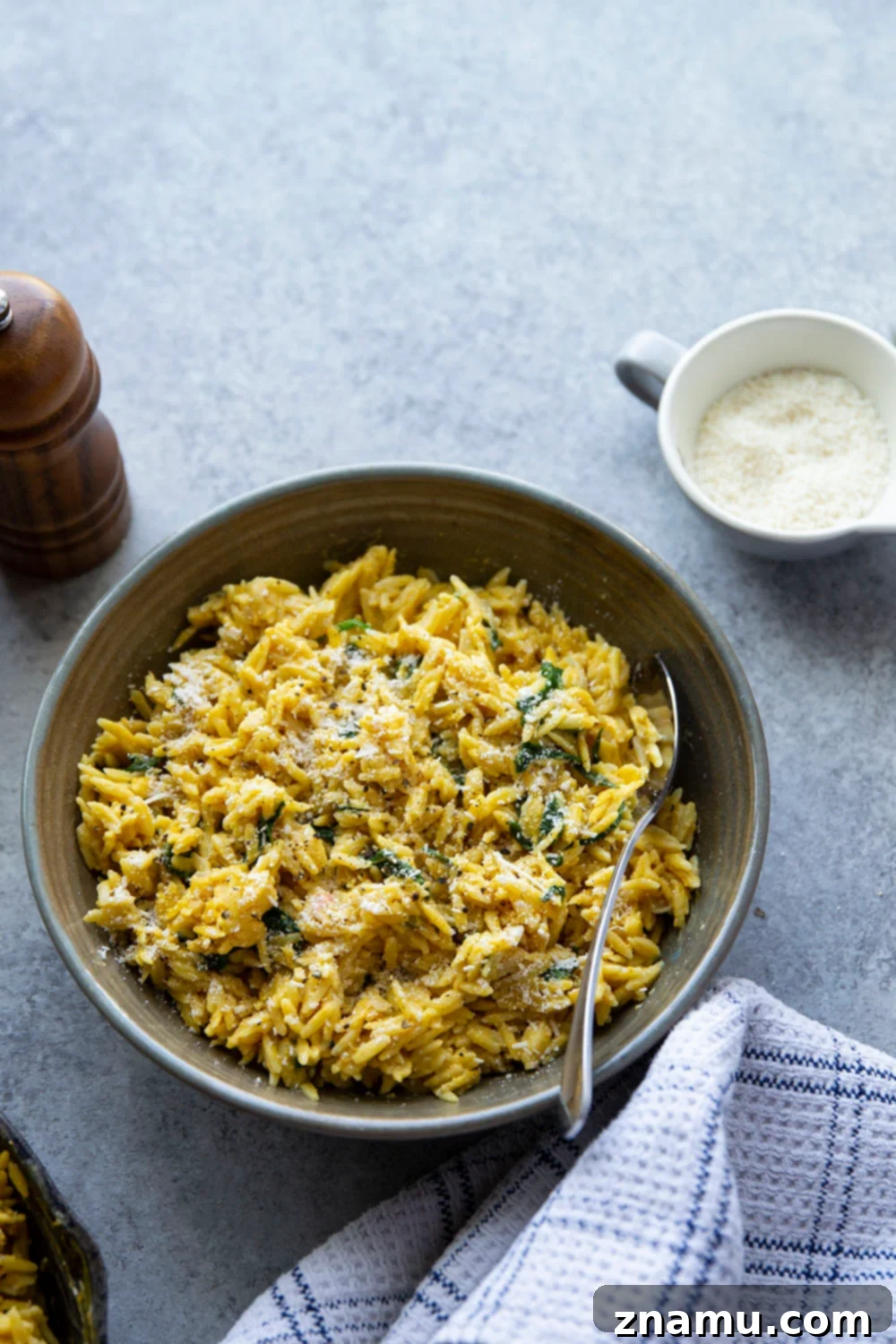 One Pot Velvety Pumpkin Orzo 5 Ingredients for creamy pumpkin orzo laid out on a kitchen counter, including orzo, pumpkin puree, spinach, and cheese, highlighting the simplicity of the recipe. Made in one pot and packed with cozy fall flavors, this creamy pumpkin orzo is perfectly cheesy, creamy, and loaded with flavorful pumpkin, wilted spinach, and tender orzo.