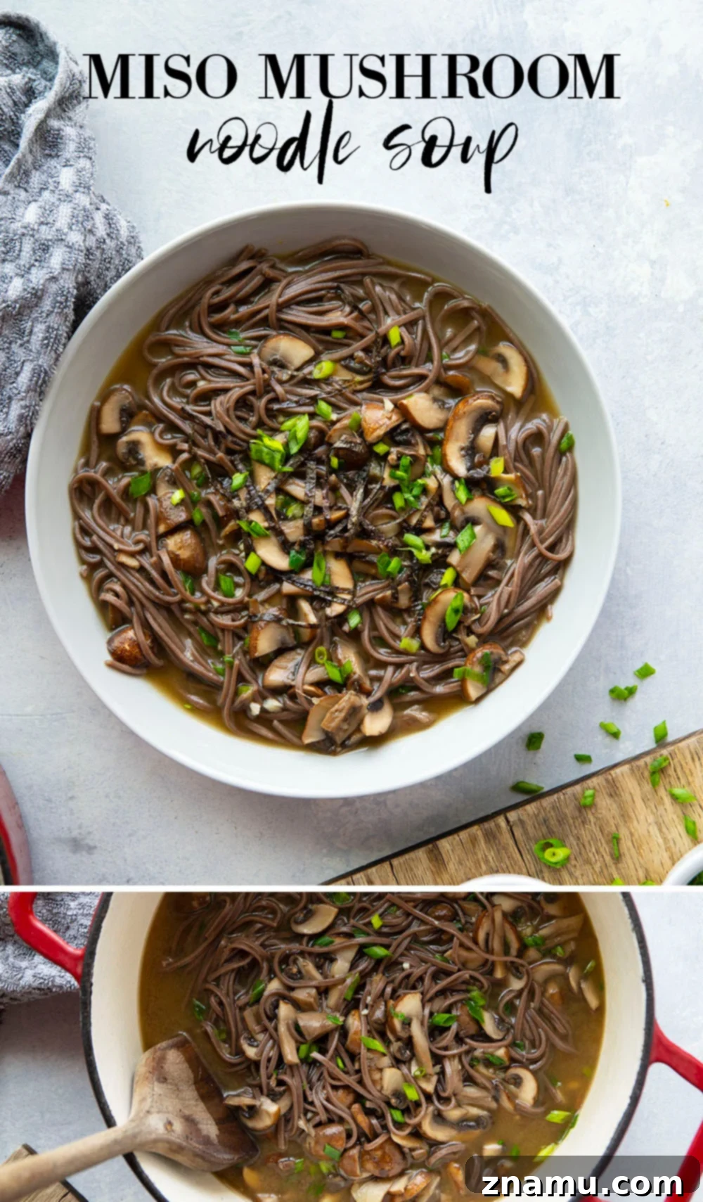 Soulful Miso Mushroom Noodles 7 Full spread of the Miso Mushroom Noodle Soup with fresh ingredients and serving bowls.