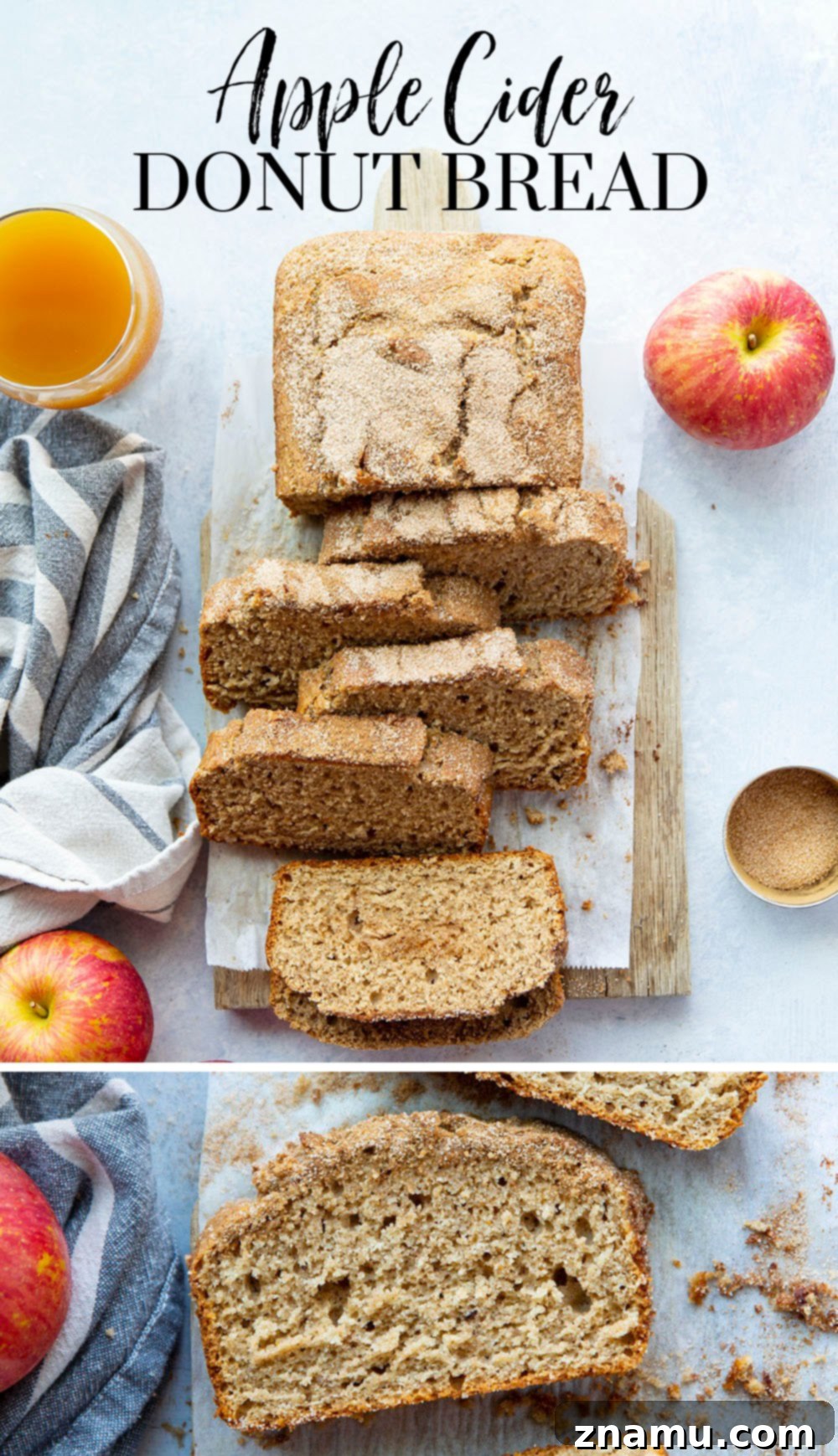 Autumn Orchard Donut Loaf 7 A beautifully styled shot of Apple Cider Donut Bread with whole apples and cinnamon sticks, highlighting fall aesthetics