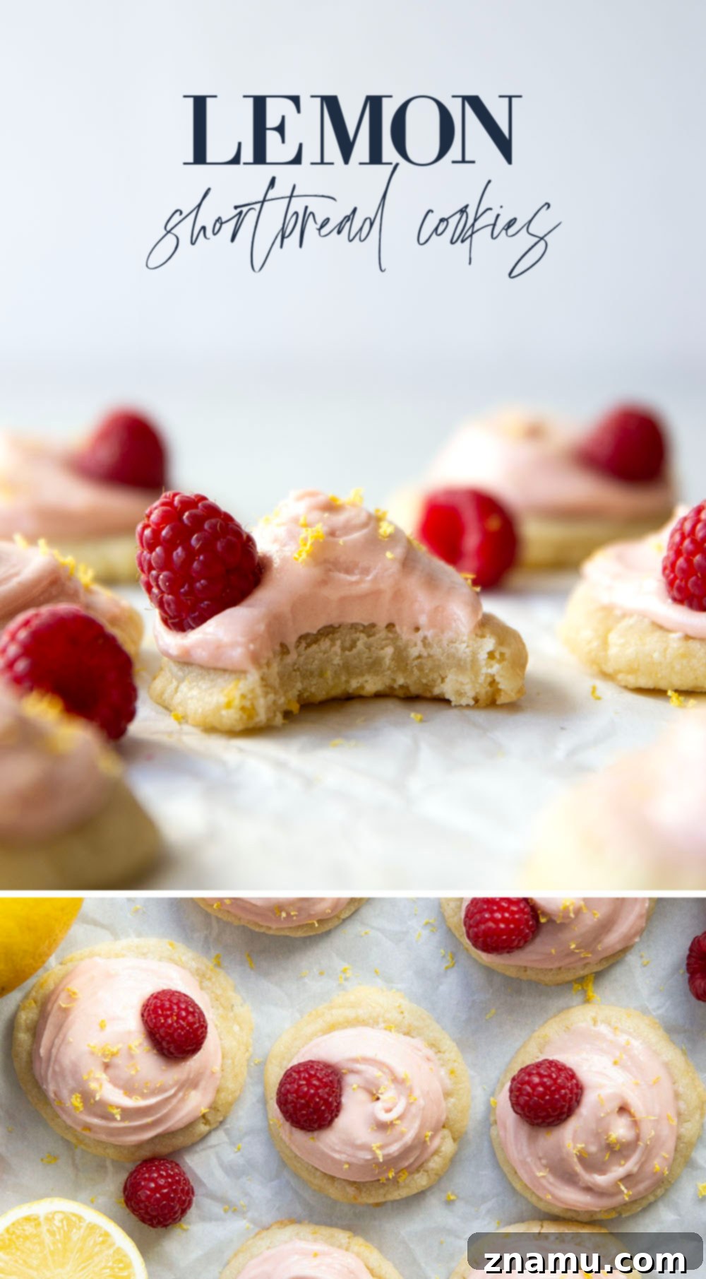 Overhead view of frosted lemon shortbread cookies arranged on a plate with fresh raspberries and lemon slices