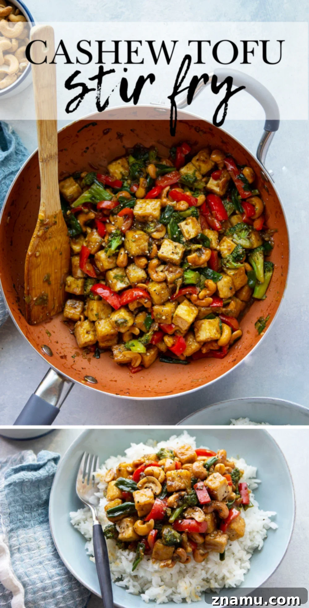 Wok-Kissed Cashew Tofu 7 A top-down view of the Cashew Tofu Stir Fry in a white bowl with chopsticks, highlighting the fresh ingredients and inviting presentation.