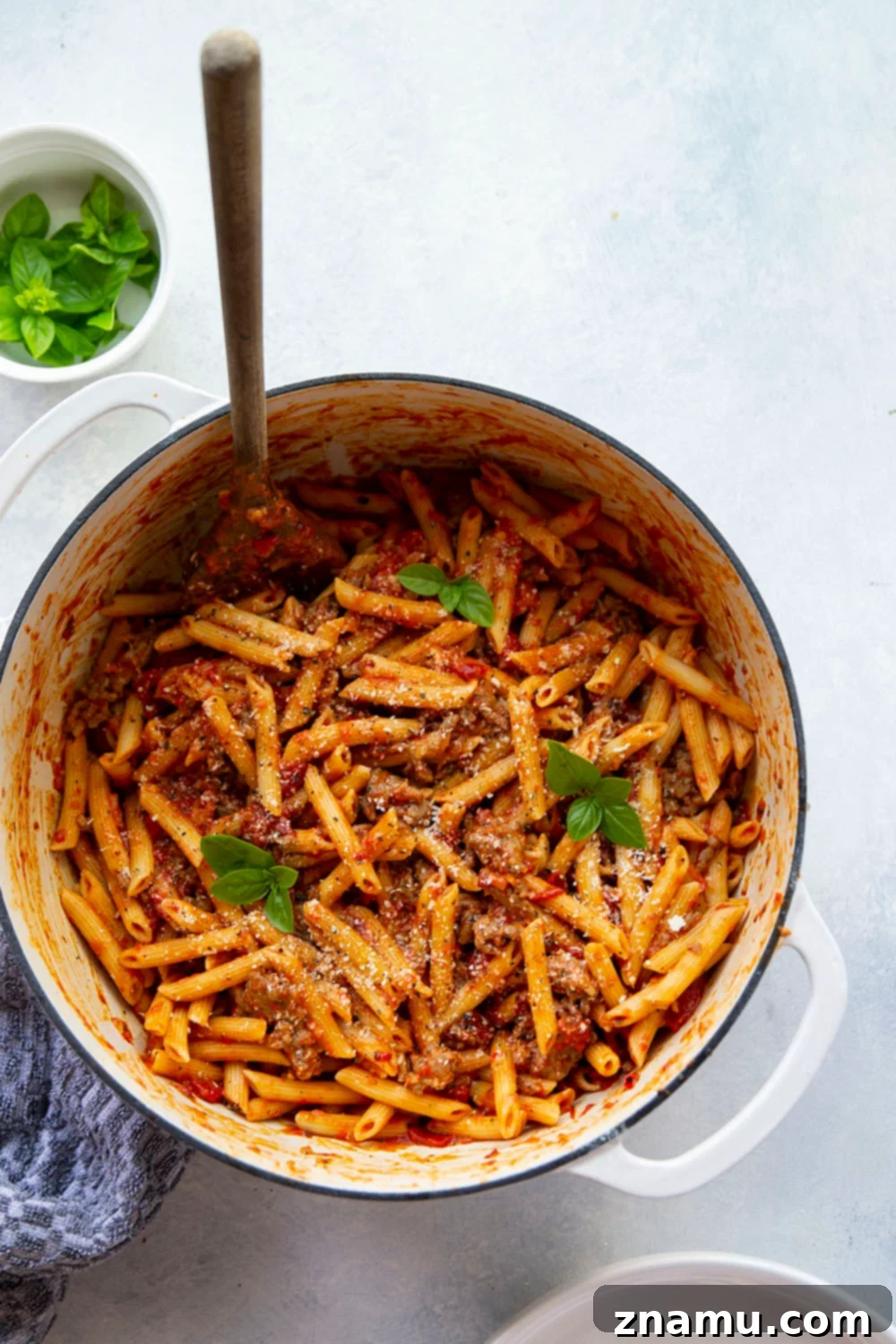 Smoky Red Pepper & Sausage Vodka Pasta 6 A large serving of Penne alla Vodka with Sausage in a bowl, garnished with fresh basil and grated Parmesan cheese, ready to be enjoyed.