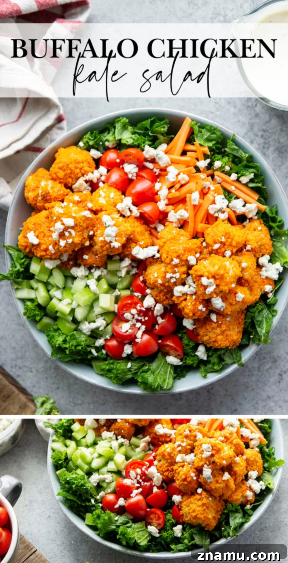 Fiery Buffalo Chicken Kale Delight 7 Close-up of a serving of Buffalo Chicken Kale Salad, showing crispy chicken and fresh ingredients.