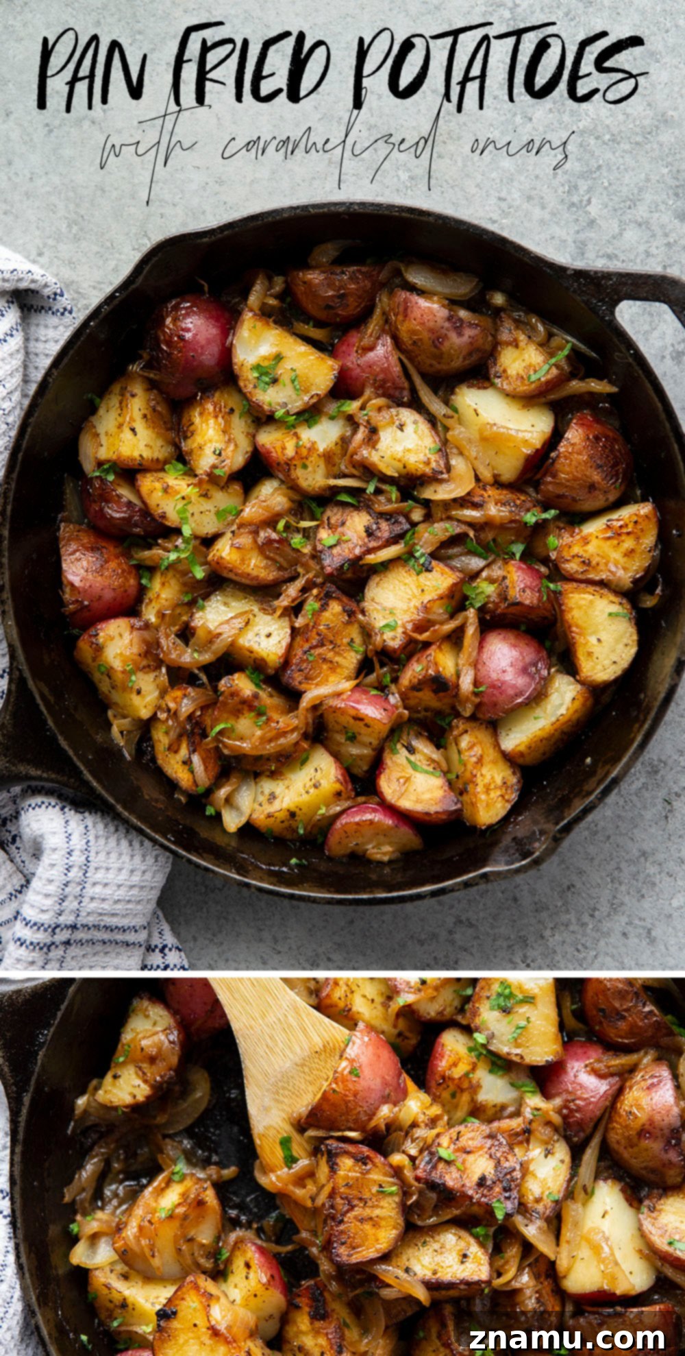 Crispy Potatoes with Sweet Caramelized Onions 7 Perfectly crispy pan fried potatoes are tossed with flavorful caramelized onions for a stand-out potato side dish that's an incredible addition to any meal!