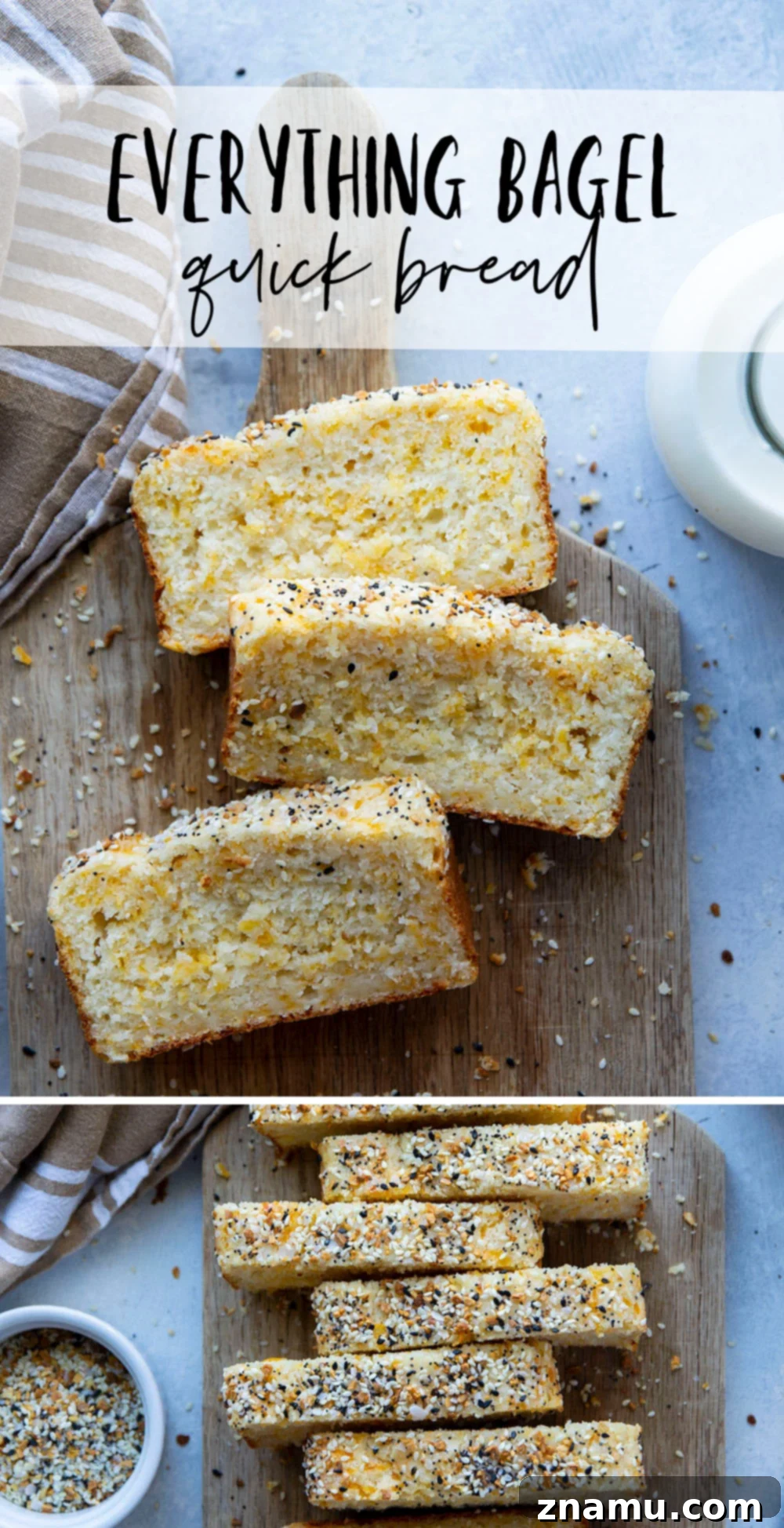 Everything Bagel Cheesy Loaf 7 Stack of Cheesy Everything Bagel Quick Bread slices, highlighting the fluffy texture and cheesy pockets.