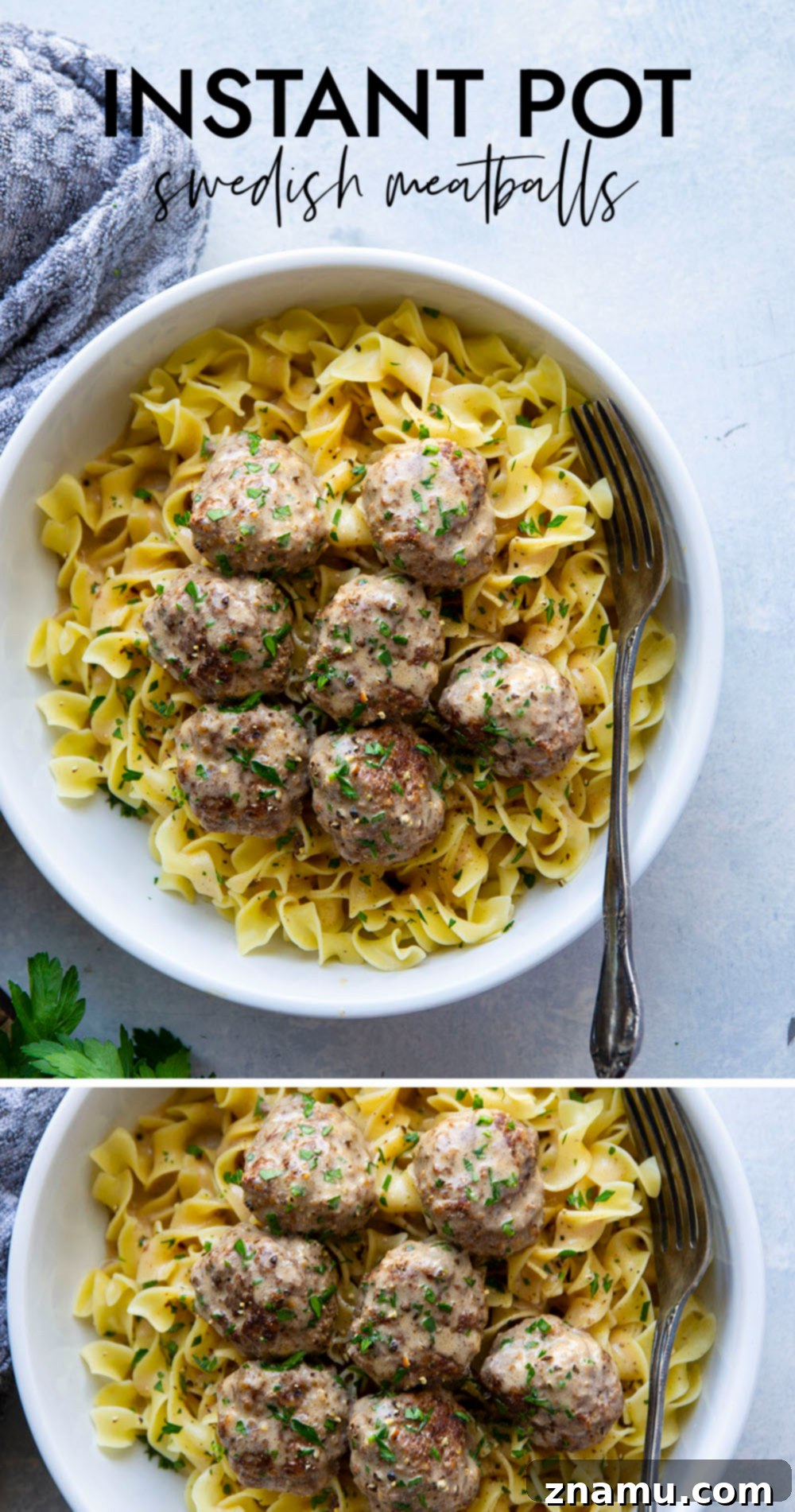Instant Pot Swedish Meatballs: A Cozy Classic 7 Overhead shot of Instant Pot Swedish Meatballs in a bowl with egg noodles.