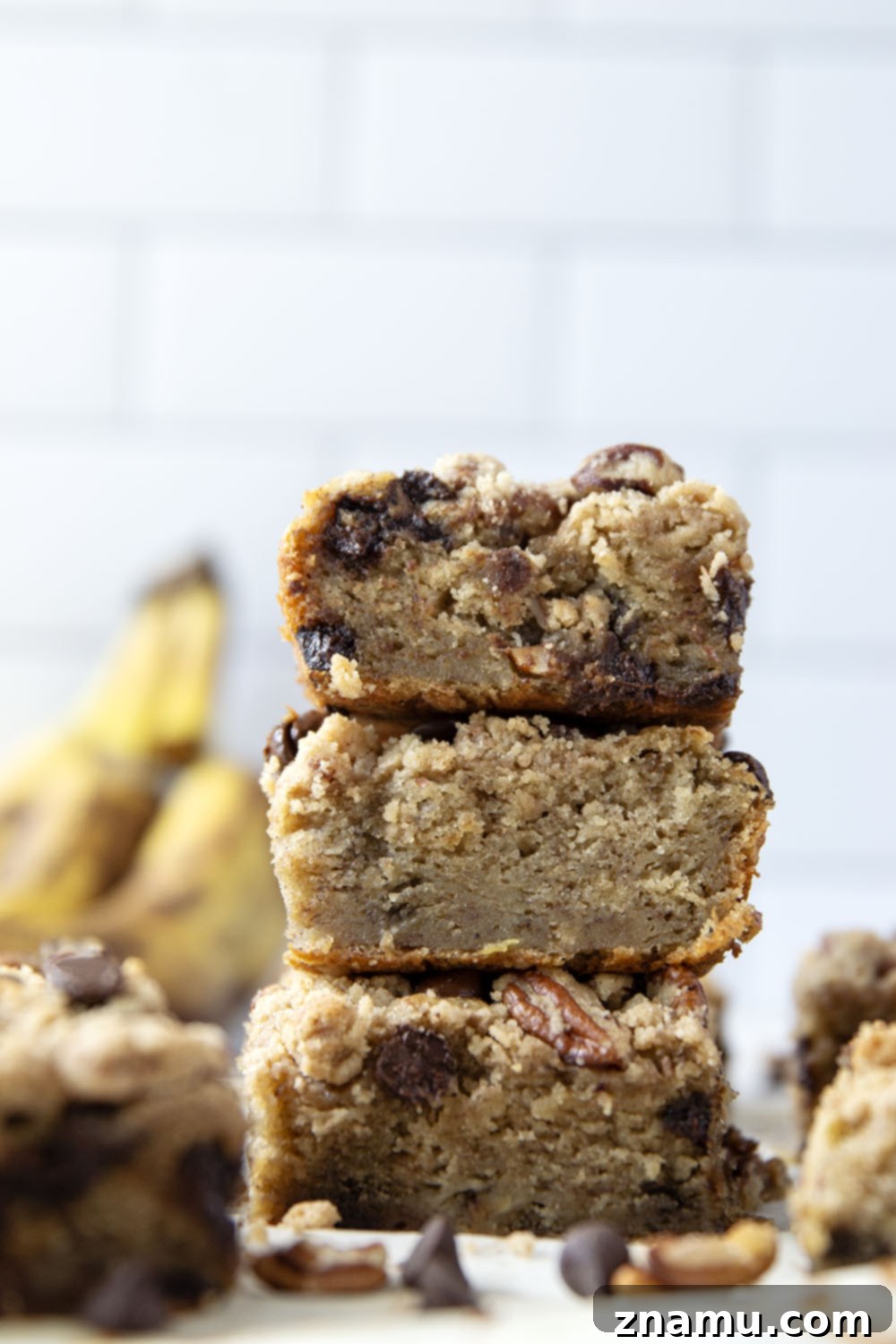 Banana & Chocolate Chip Coffee Cake 5 A close-up of a perfectly baked square of banana chocolate chip coffee cake, showing its moist interior and generous toppings.