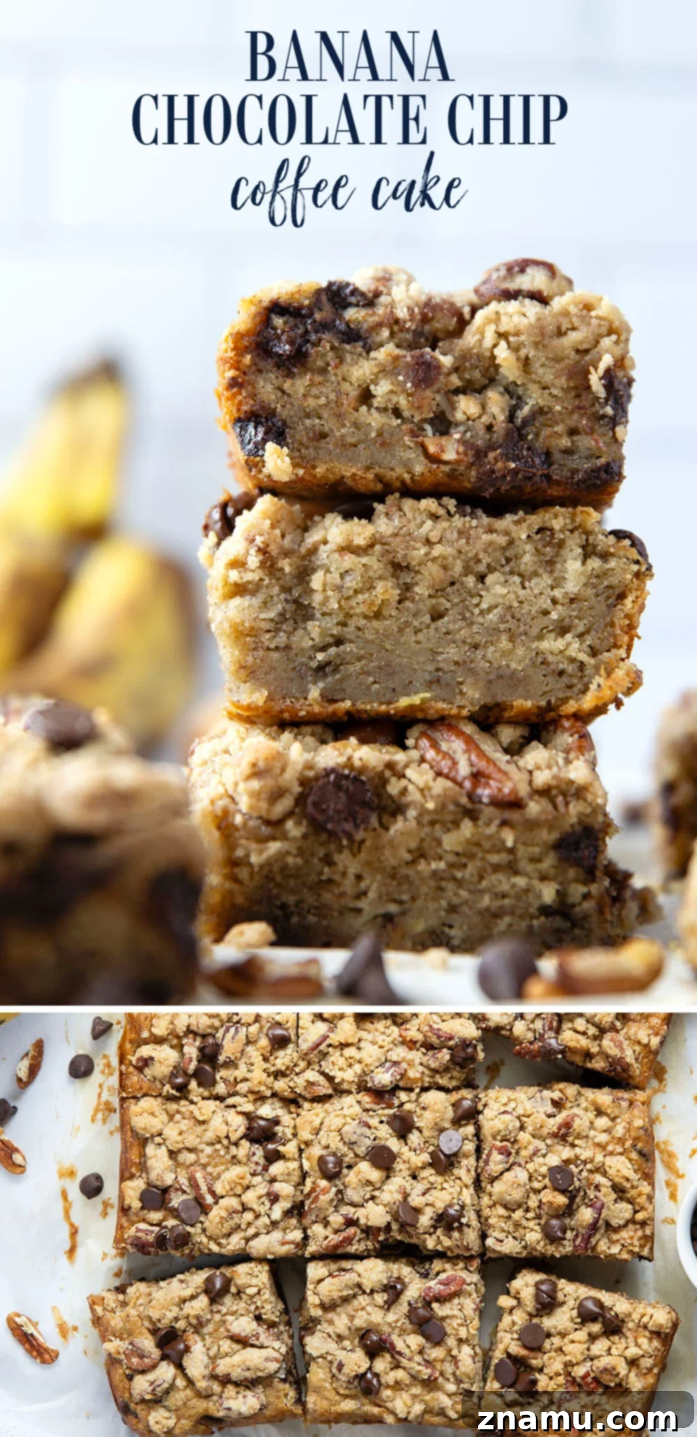 Banana & Chocolate Chip Coffee Cake 7 A large, beautifully sliced banana chocolate chip coffee cake, ready to be served.