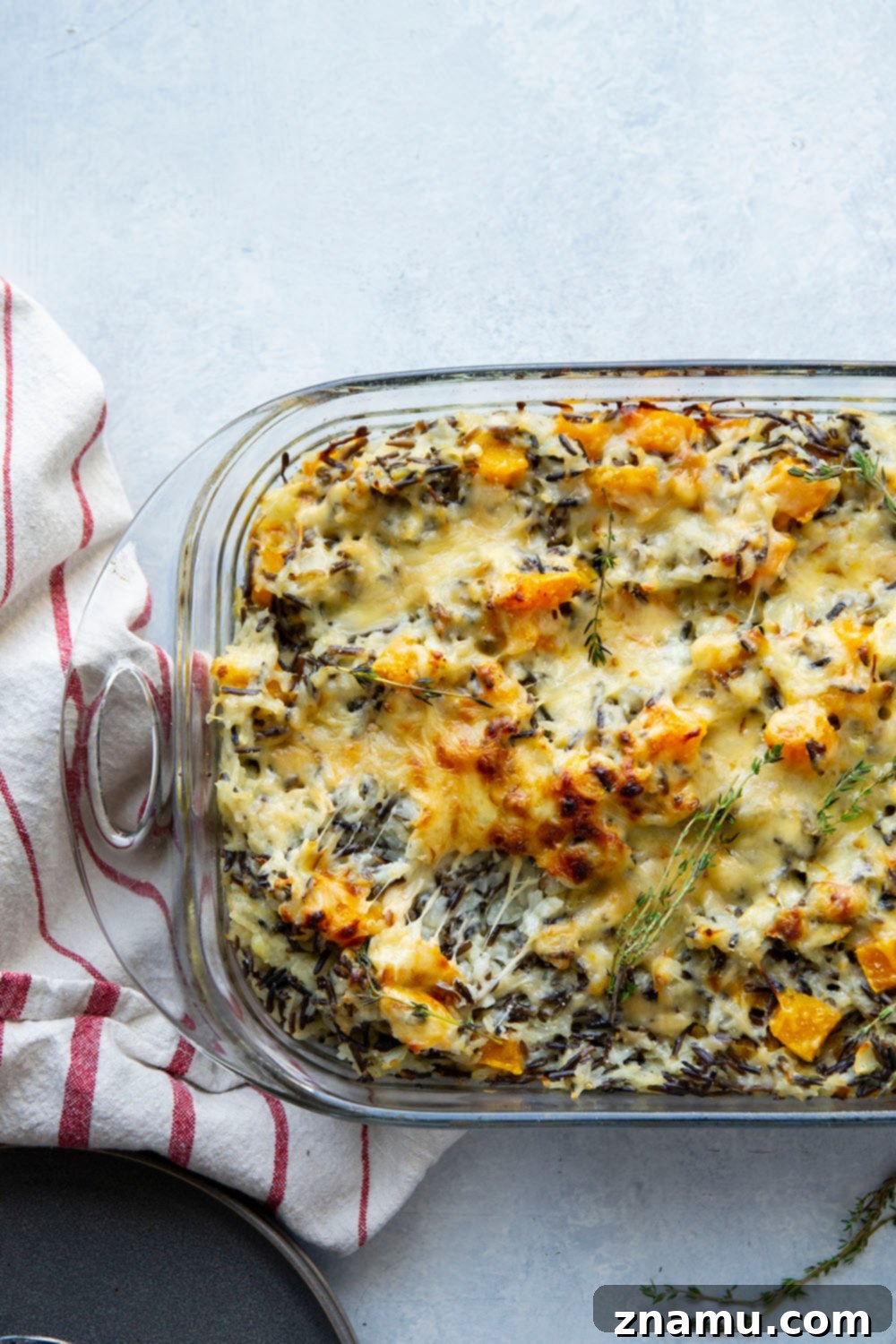 Rustic Butternut Wild Rice Bake 5 Cooked wild rice and other ingredients in a bowl