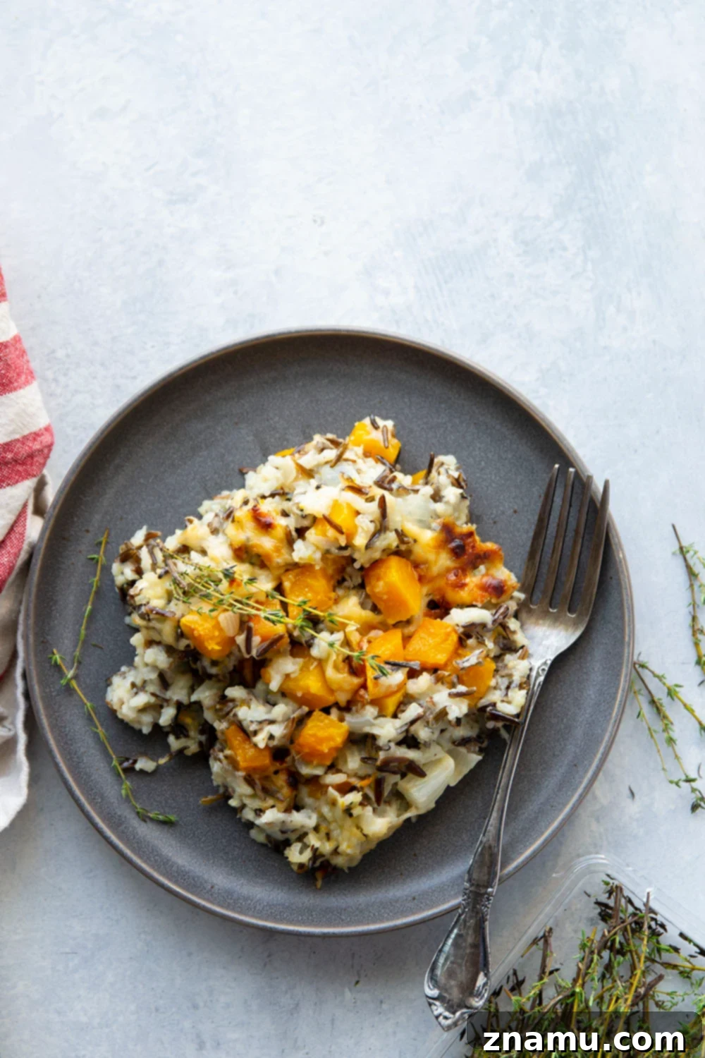 Rustic Butternut Wild Rice Bake 6 Butternut squash and wild rice casserole served on a plate