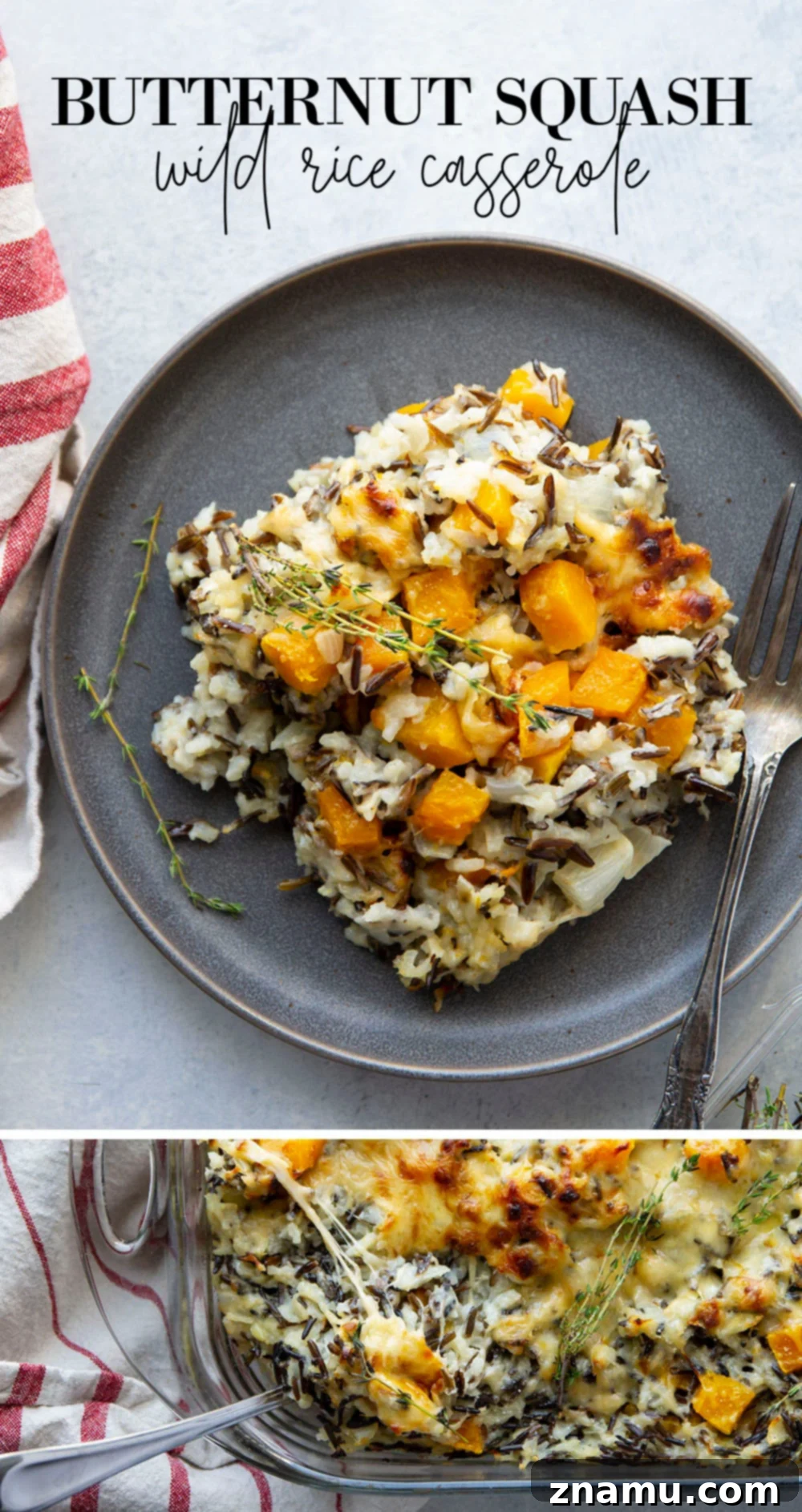 Rustic Butternut Wild Rice Bake 7 Large baking dish of butternut squash and wild rice casserole