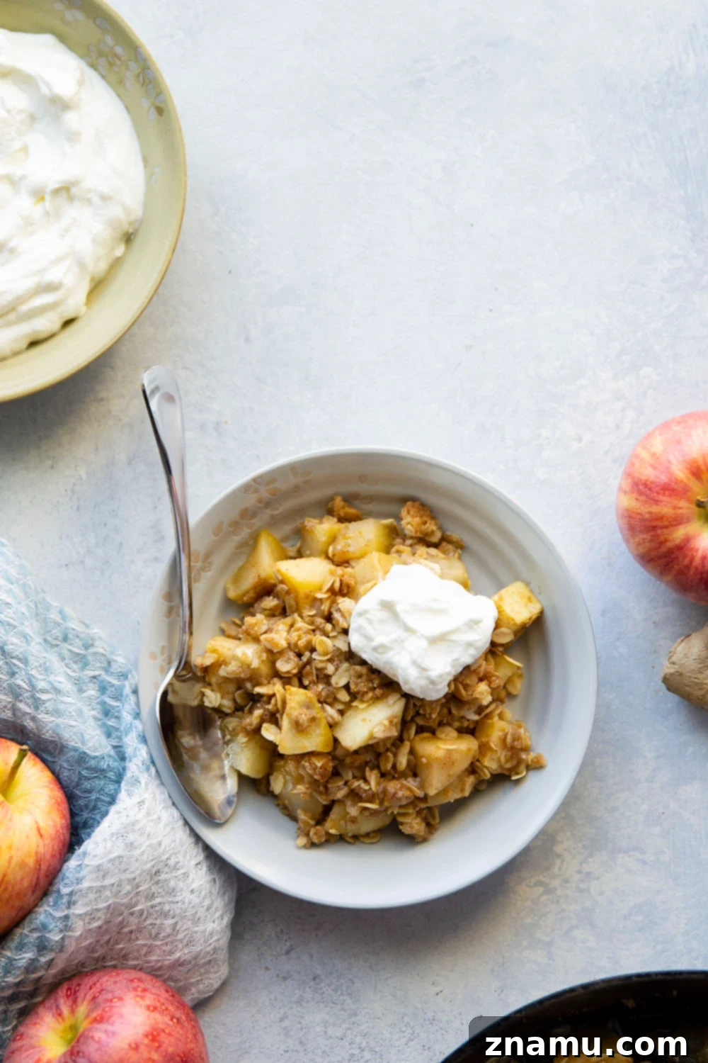 Zingy Ginger Apple Skillet Crisp 5 Raw apple chunks tossed with fresh ginger and spices in a bowl, ready for the skillet.
