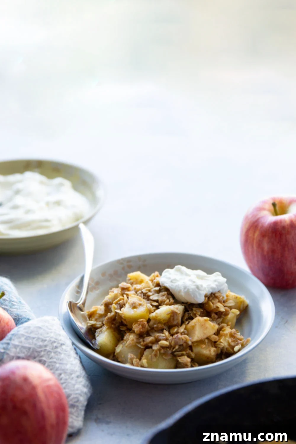 Zingy Ginger Apple Skillet Crisp 6 A large serving of Ginger Apple Crisp with a melting scoop of vanilla ice cream, ready to be enjoyed.
