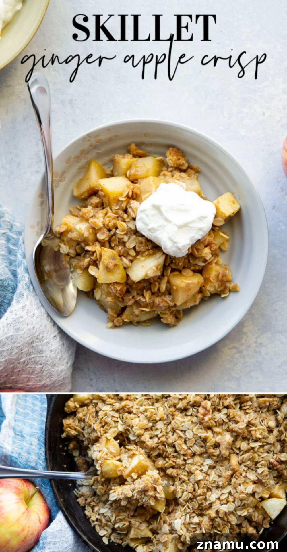 Zingy Ginger Apple Skillet Crisp 7 Overhead shot of the entire Skillet Ginger Apple Crisp in its pan, showcasing the golden topping and rustic appeal.