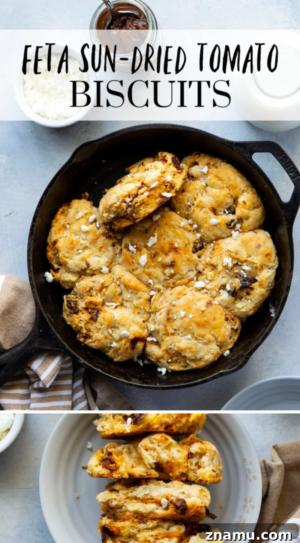 Sun-Kissed Feta Skillet Biscuits 7 A top-down view of an entire cast iron skillet of baked sun-dried tomato and feta biscuits, garnished with fresh herbs.