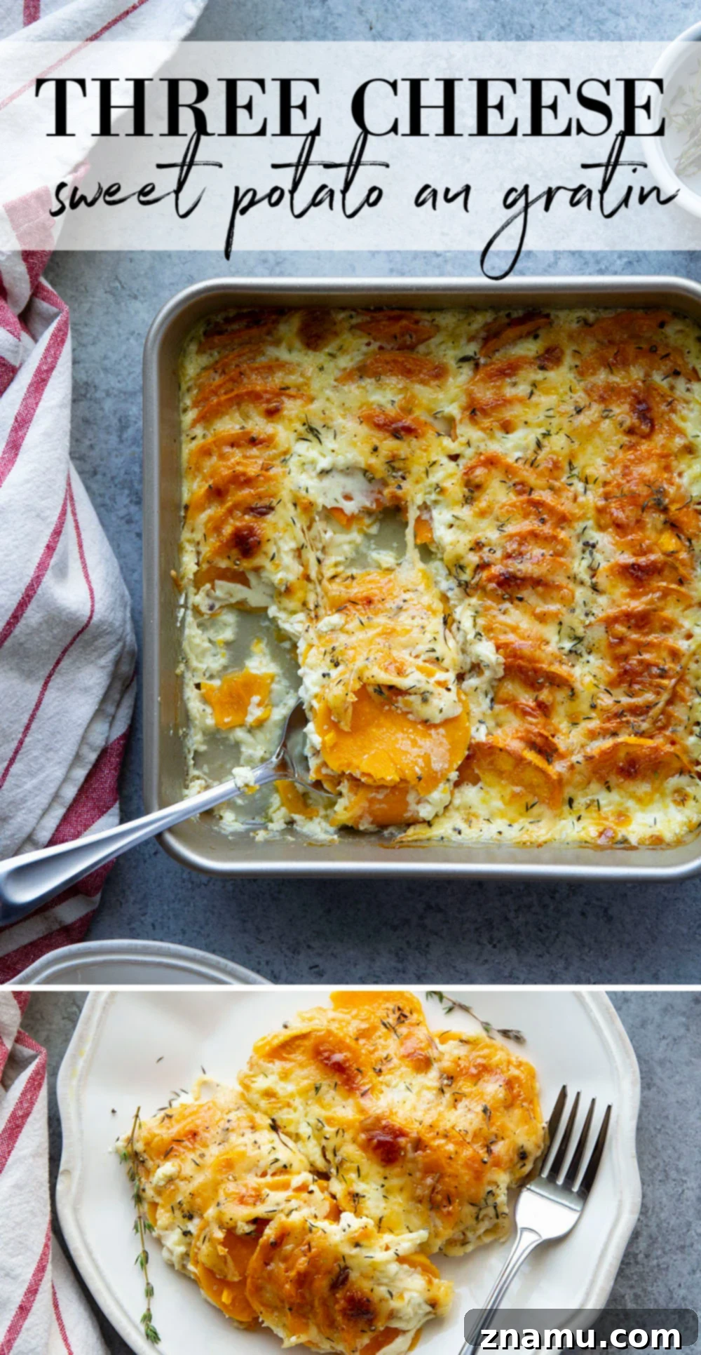 Golden Three-Cheese Sweet Potato Gratin 7 This sweet potato au gratin features tender sweet potatoes in a rich cream sauce with lots of gouda, gruyere, and Parmesan cheese baked on top.