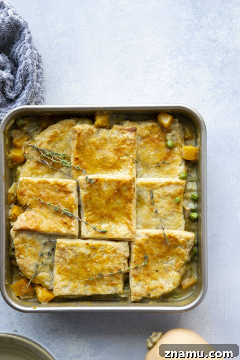 Comforting Turkey Butternut Squash Pot Pie 3 Delicious Turkey Butternut Squash Pot Pie with a rich, creamy filling and golden, flaky crust.