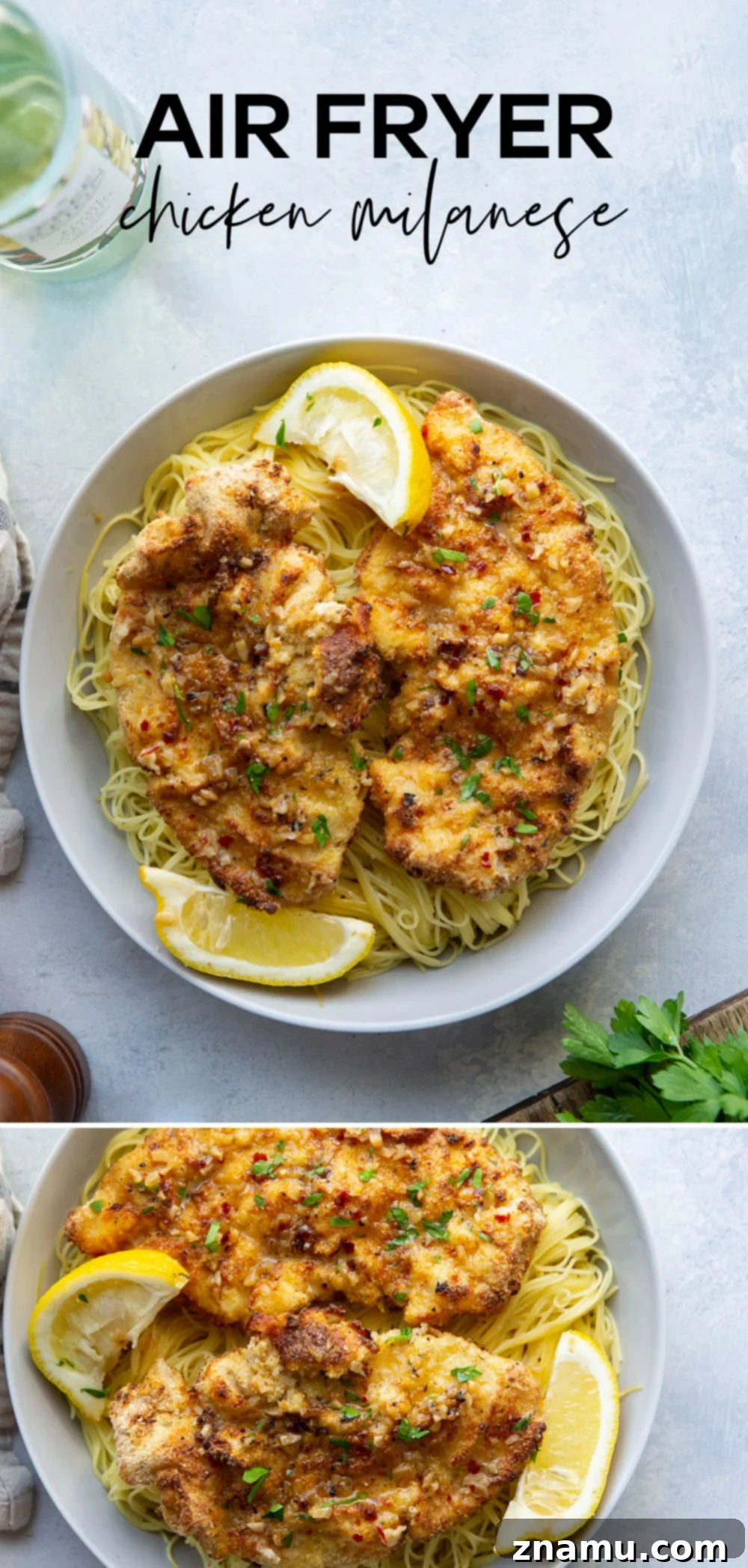 Crispy Air-Fried Chicken Milanese with a Luscious White Wine Sauce 7 This air fryer chicken milanese features perfectly crispy breaded chicken cutlets topped with a flavorful white wine sauce and piled over a bed of angel hair pasta.