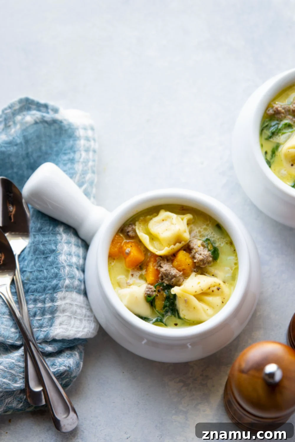 Hearty Sausage and Butternut Tortellini Soup 4 Ingredients for Butternut Squash Tortellini Soup laid out on a counter including sausage, squash, and fresh herbs.