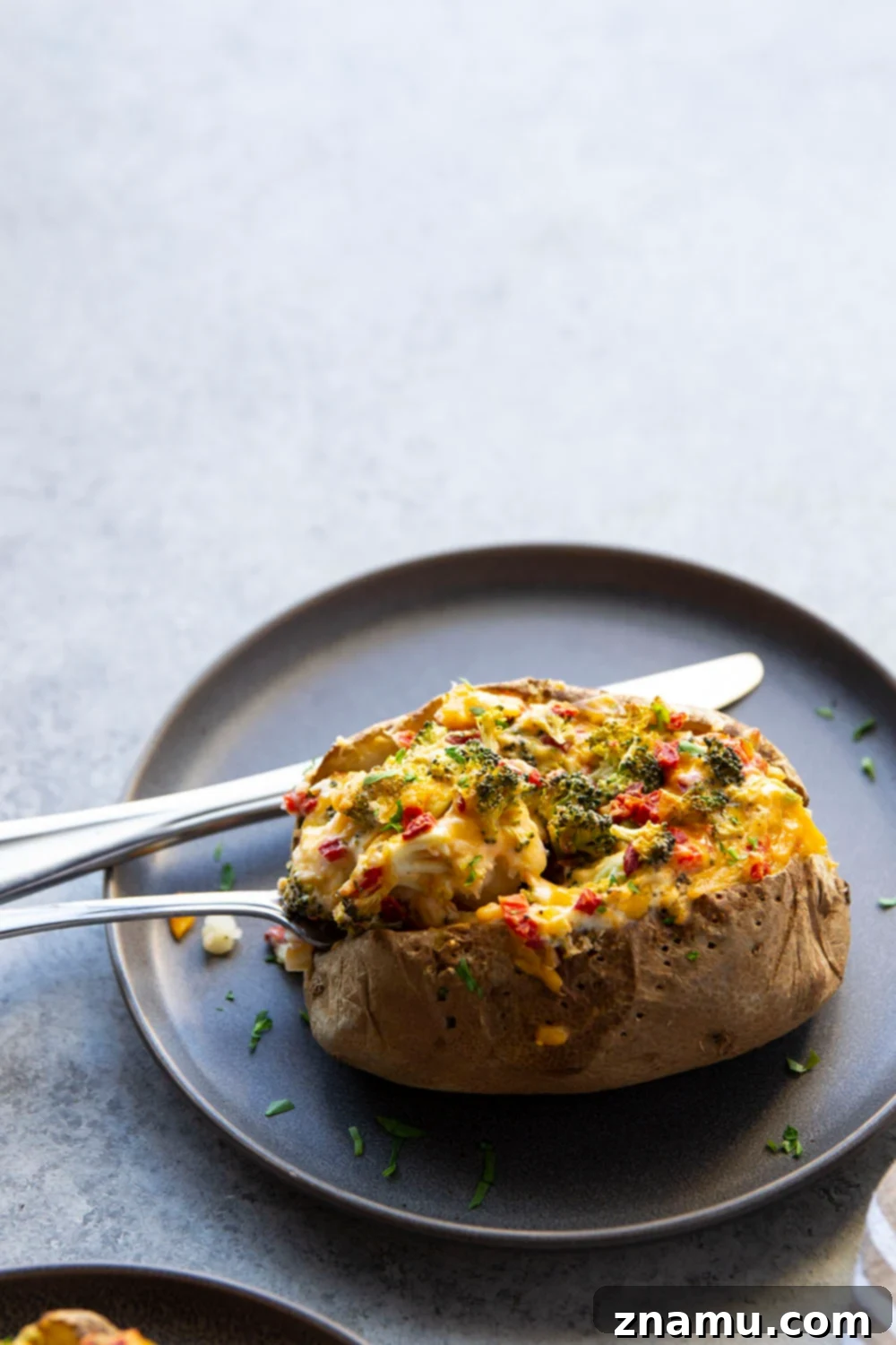 Loaded Broccoli Cheddar Potatoes 4 Prepared Broccoli Cheddar Baked Potatoes ready for baking, highlighting the rich topping.
