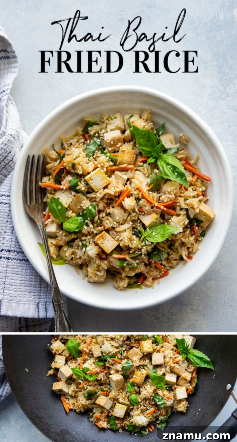 Crispy Sesame Tofu with Aromatic Thai Basil Fried Rice 7 This Thai basil fried rice features the most flavorful basil fried rice with lots of crispy sesame marinated tofu. - it's so easy to make in minutes using leftover cooked rice!