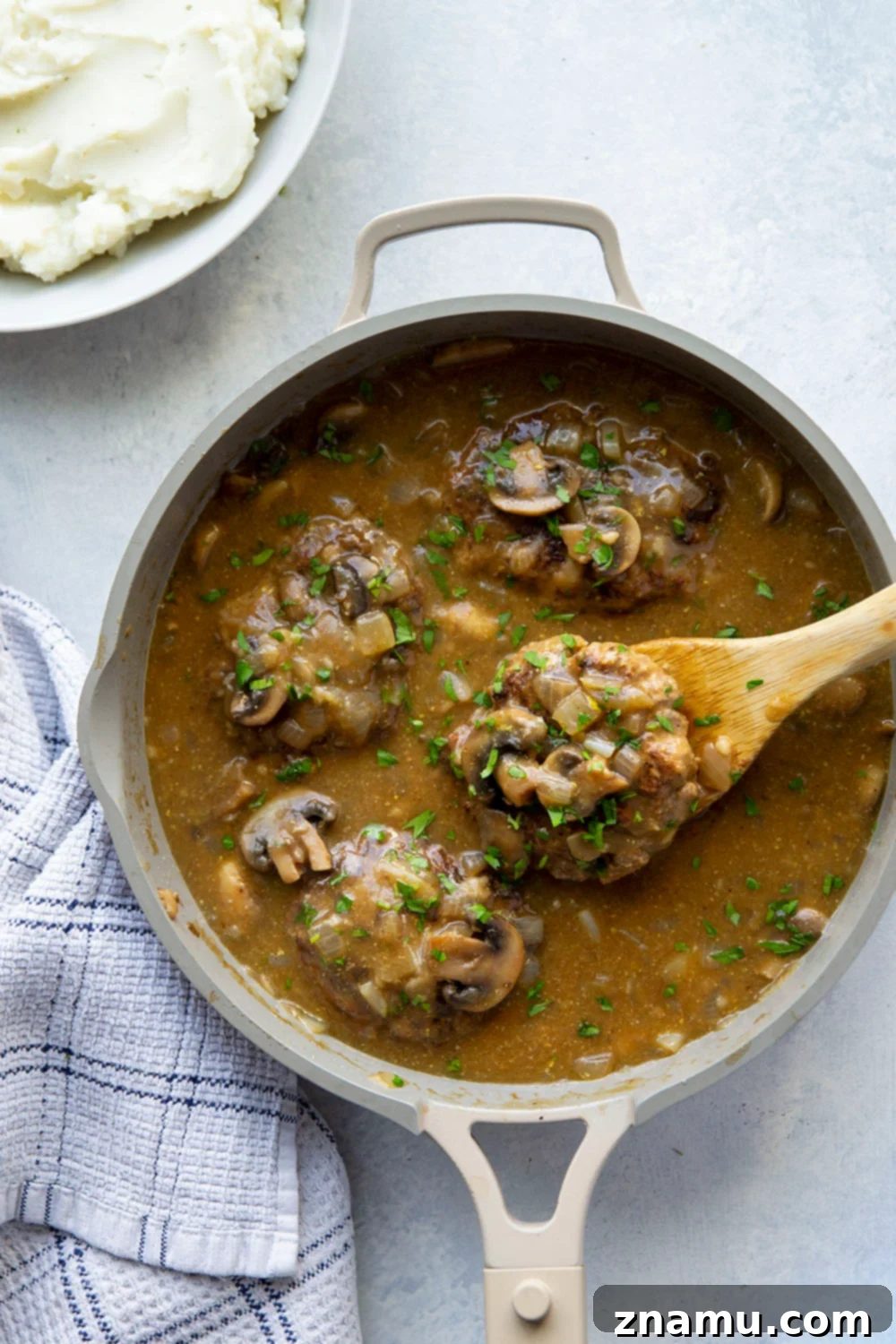 Simple One Pan Salisbury Steak 4 This one pan Salisbury steak features the most tender steaks simmered in a rich mushroom gravy sauce. Absolutely to die for over a bowl of creamy mashed potatoes!