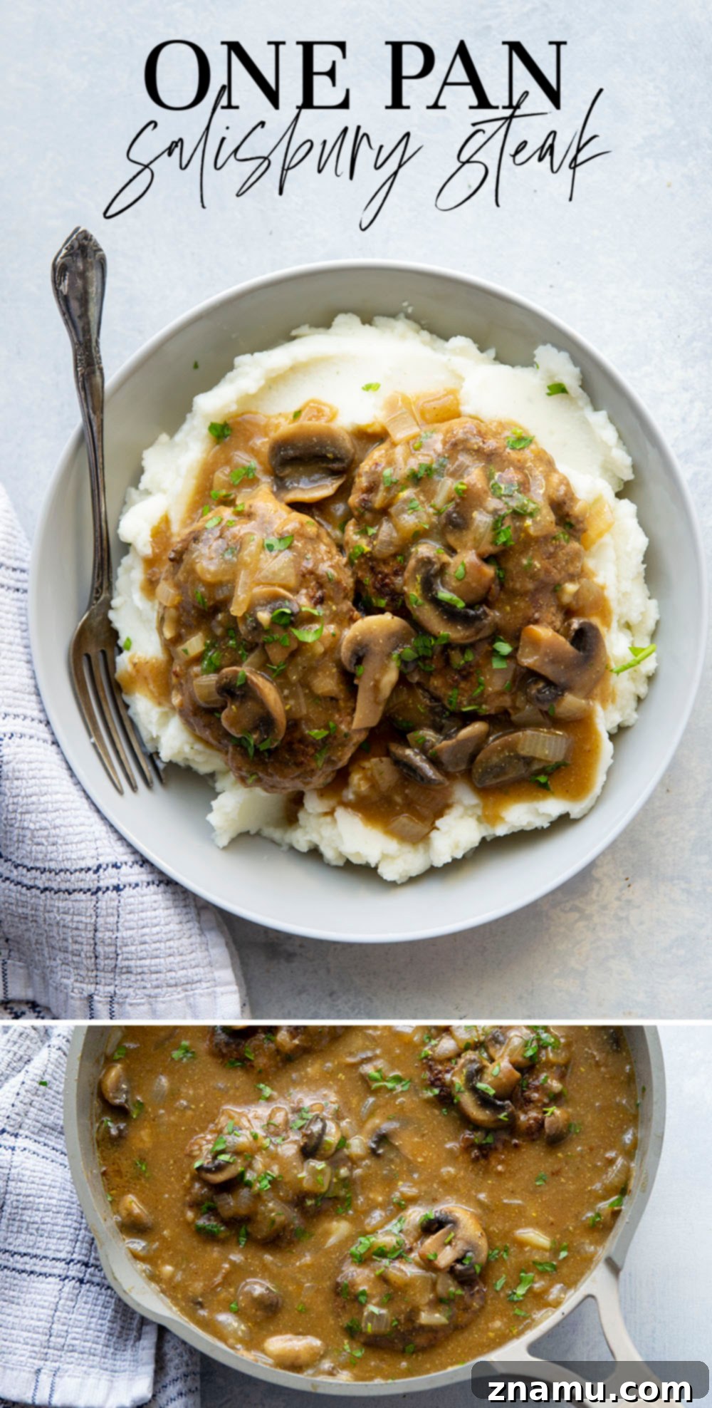 Simple One Pan Salisbury Steak 7 This one pan Salisbury steak features the most tender steaks simmered in a rich mushroom gravy sauce. Absolutely to die for over a bowl of creamy mashed potatoes!
