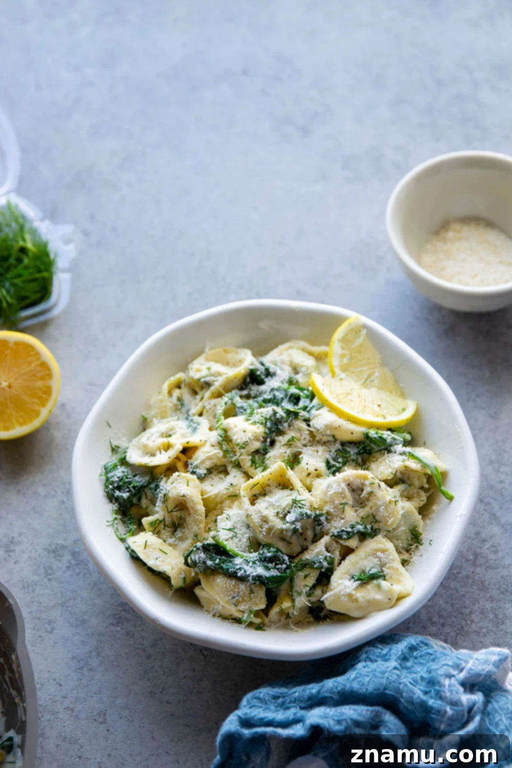 Zesty Lemon Dill Alfredo Tortellini 4 A dish of lemon dill spinach alfredo tortellini garnished with fresh dill sprigs.