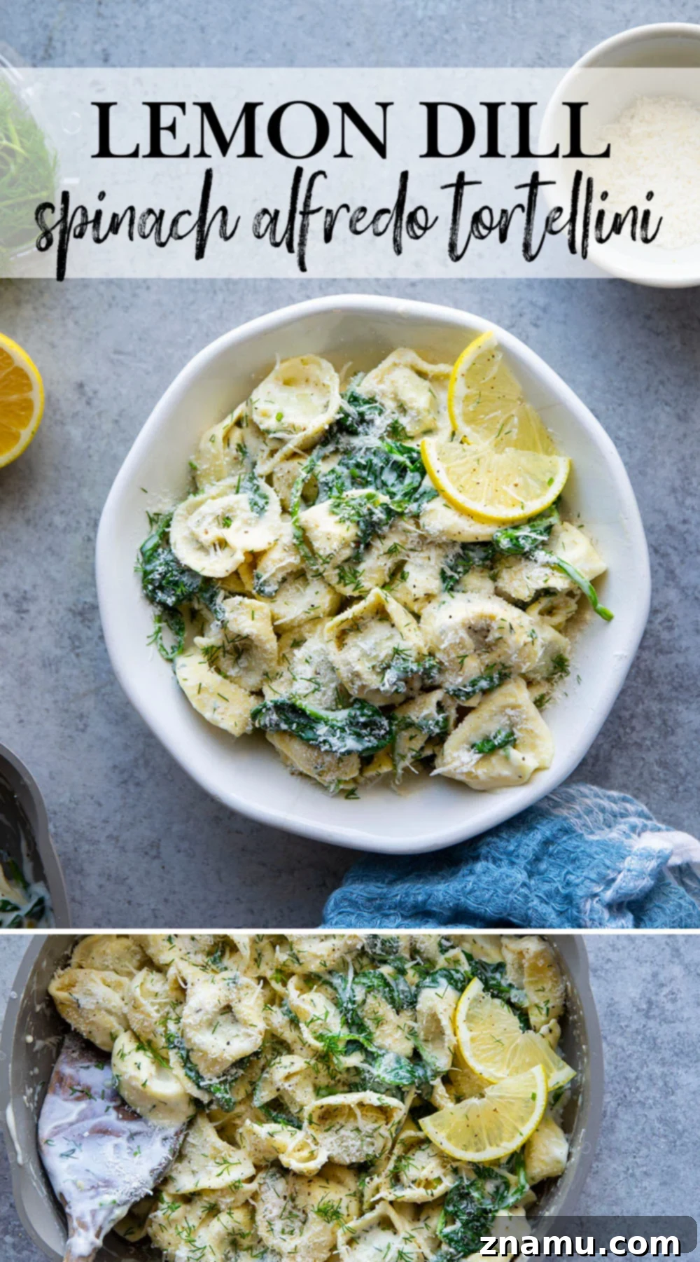 Zesty Lemon Dill Alfredo Tortellini 7 Overhead shot of lemon dill spinach alfredo tortellini in a large serving bowl.