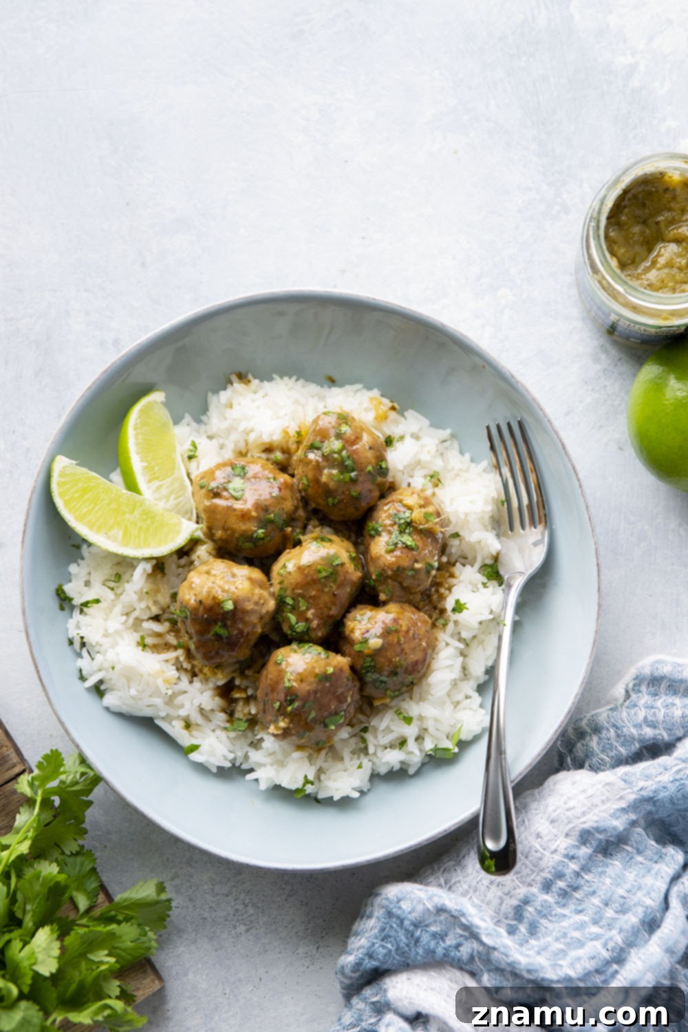 Ginger-Kissed Emerald Curry Chicken Meatballs 5 These green curry chicken meatballs feature tender chicken meatballs simmered in the most amazing gingery green curry sauce. Serve over a pile of hot rice with lots of fresh cilantro and lime!