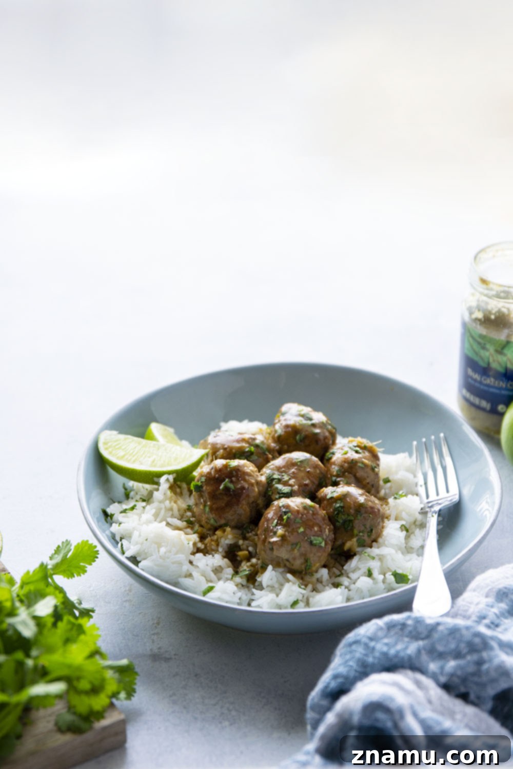 Ginger-Kissed Emerald Curry Chicken Meatballs 6 These green curry chicken meatballs feature tender chicken meatballs simmered in the most amazing gingery green curry sauce. Serve over a pile of hot rice with lots of fresh cilantro and lime!