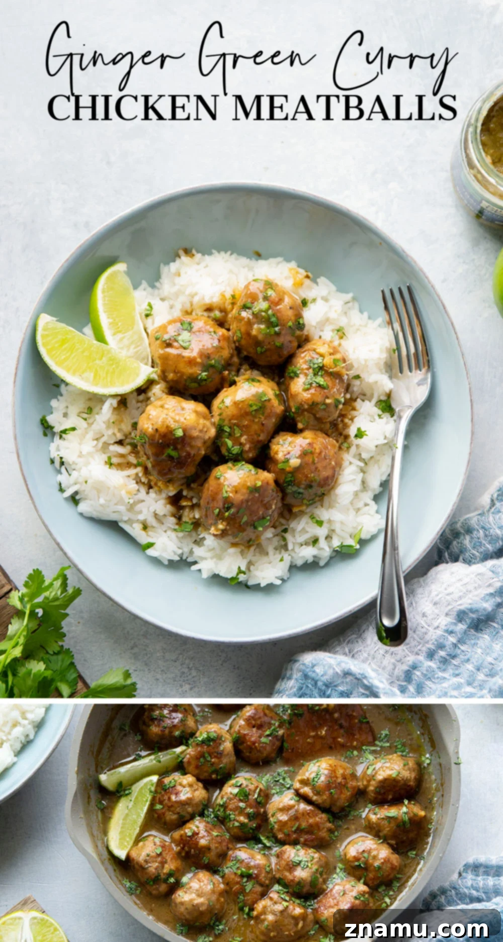 Ginger-Kissed Emerald Curry Chicken Meatballs 8 These green curry chicken meatballs feature tender chicken meatballs simmered in the most amazing gingery green curry sauce. Serve over a pile of hot rice with lots of fresh cilantro and lime!