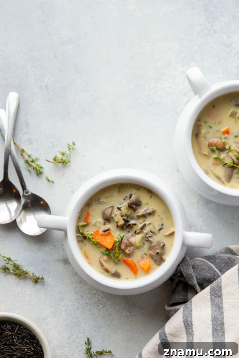 Velvety Mushroom Wild Rice Soup 2 Perfectly creamy and loaded with tender mushrooms and wild rice, this mushroom wild rice soup is so hearty and filling it will quickly become a favorite!