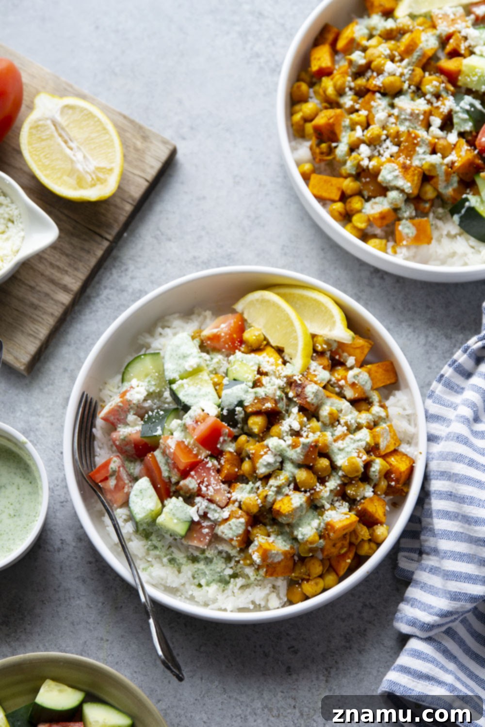 A delicious and satisfying Sweet Potato Chickpea Shawarma Bowl with all toppings, ready to be enjoyed.