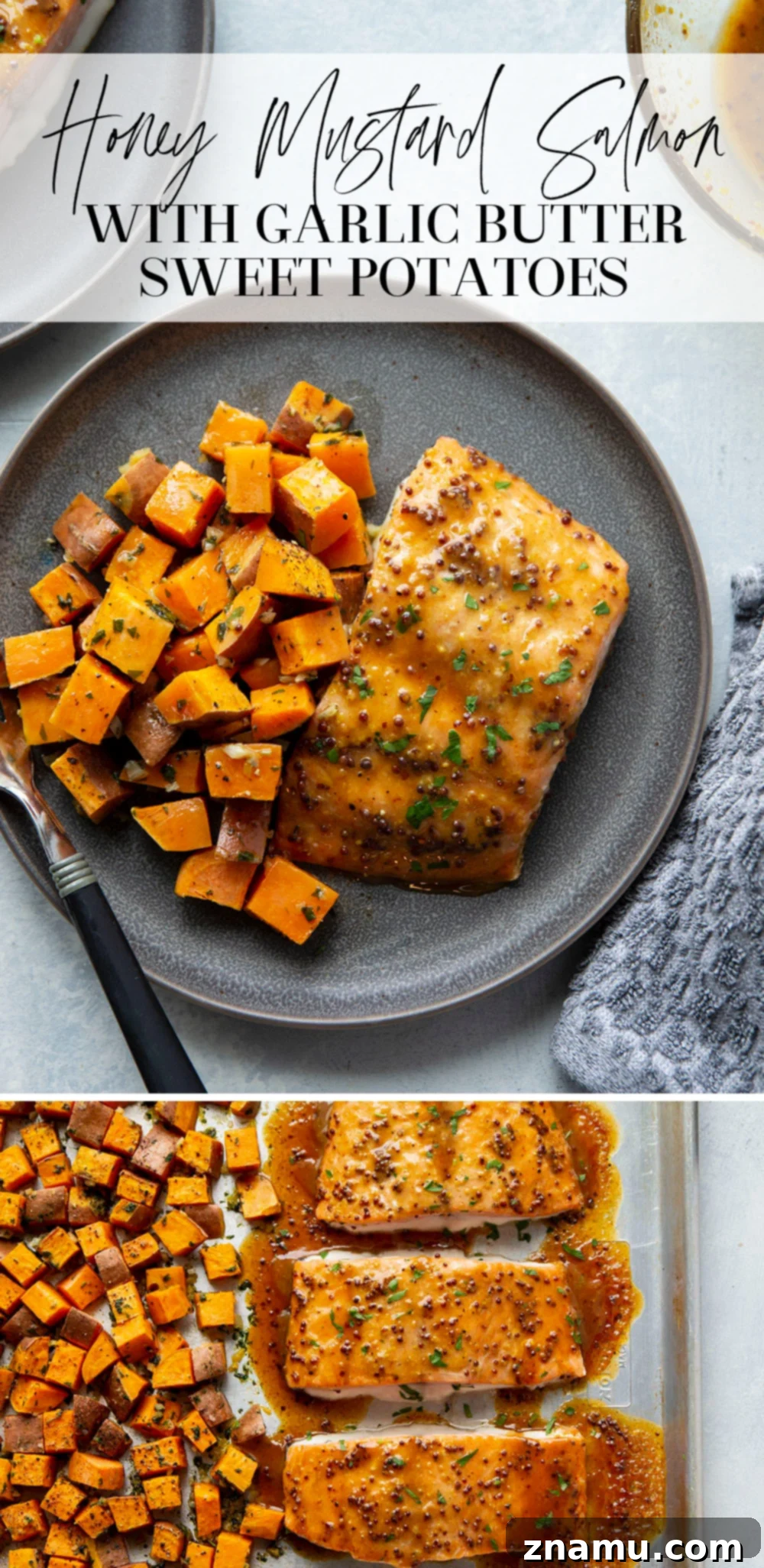 Honey Mustard Salmon with Garlic Butter Roasted Sweet Potatoes 7 Beautifully plated honey mustard salmon with garlic butter sweet potatoes, garnished with fresh herbs.