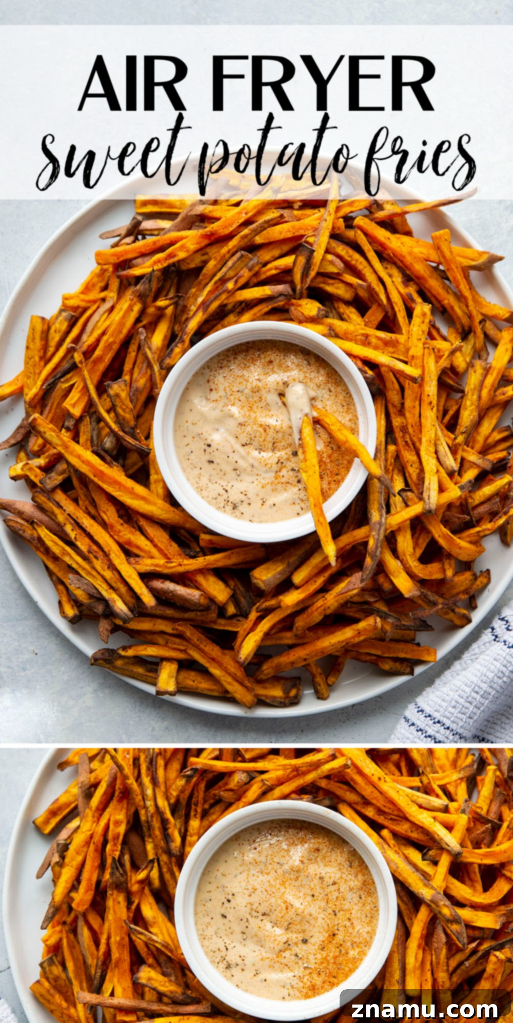Crispy Air Fryer Sweet Potato Fries with Creamy Chipotle Aioli 7 Generous serving of Air Fryer Sweet Potato Fries with dipping sauce