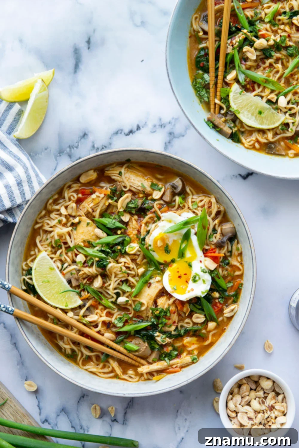 Ultimate Instant Pot Thai Peanut Chicken Ramen 2 This Thai peanut chicken ramen is made in under an hour entirely in the instant pot and is amazing loaded up with all your favorite ramen toppings!