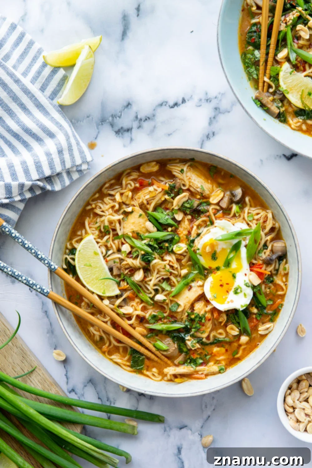 Ultimate Instant Pot Thai Peanut Chicken Ramen 4 This Thai peanut chicken ramen is made in under an hour entirely in the instant pot and is amazing loaded up with all your favorite ramen toppings!
