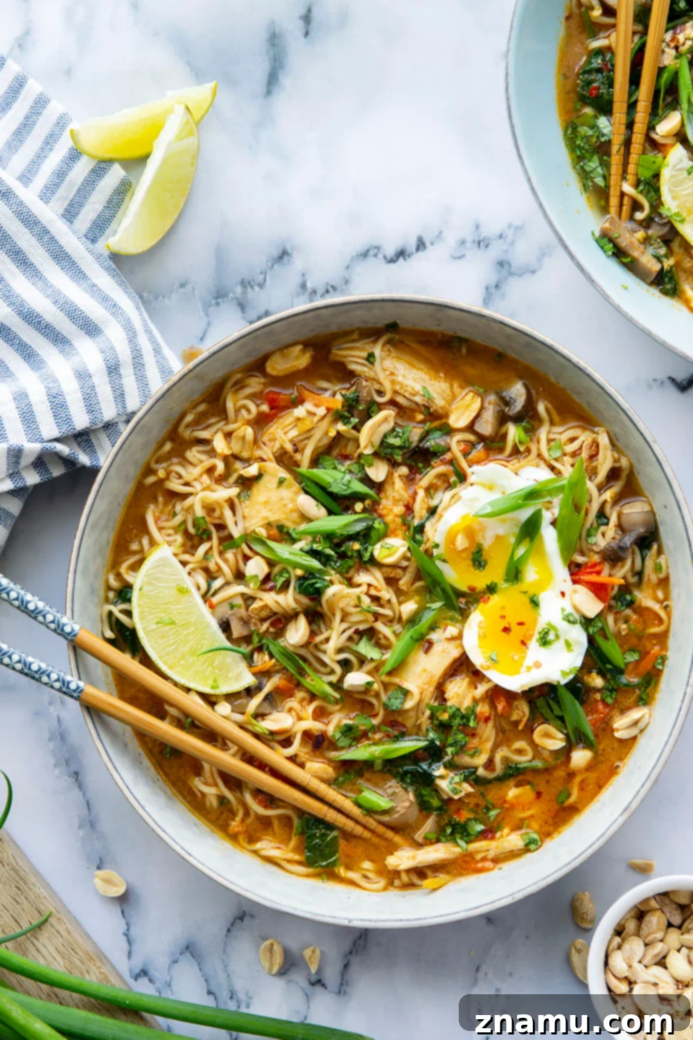 Ultimate Instant Pot Thai Peanut Chicken Ramen 5 This Thai peanut chicken ramen is made in under an hour entirely in the instant pot and is amazing loaded up with all your favorite ramen toppings!