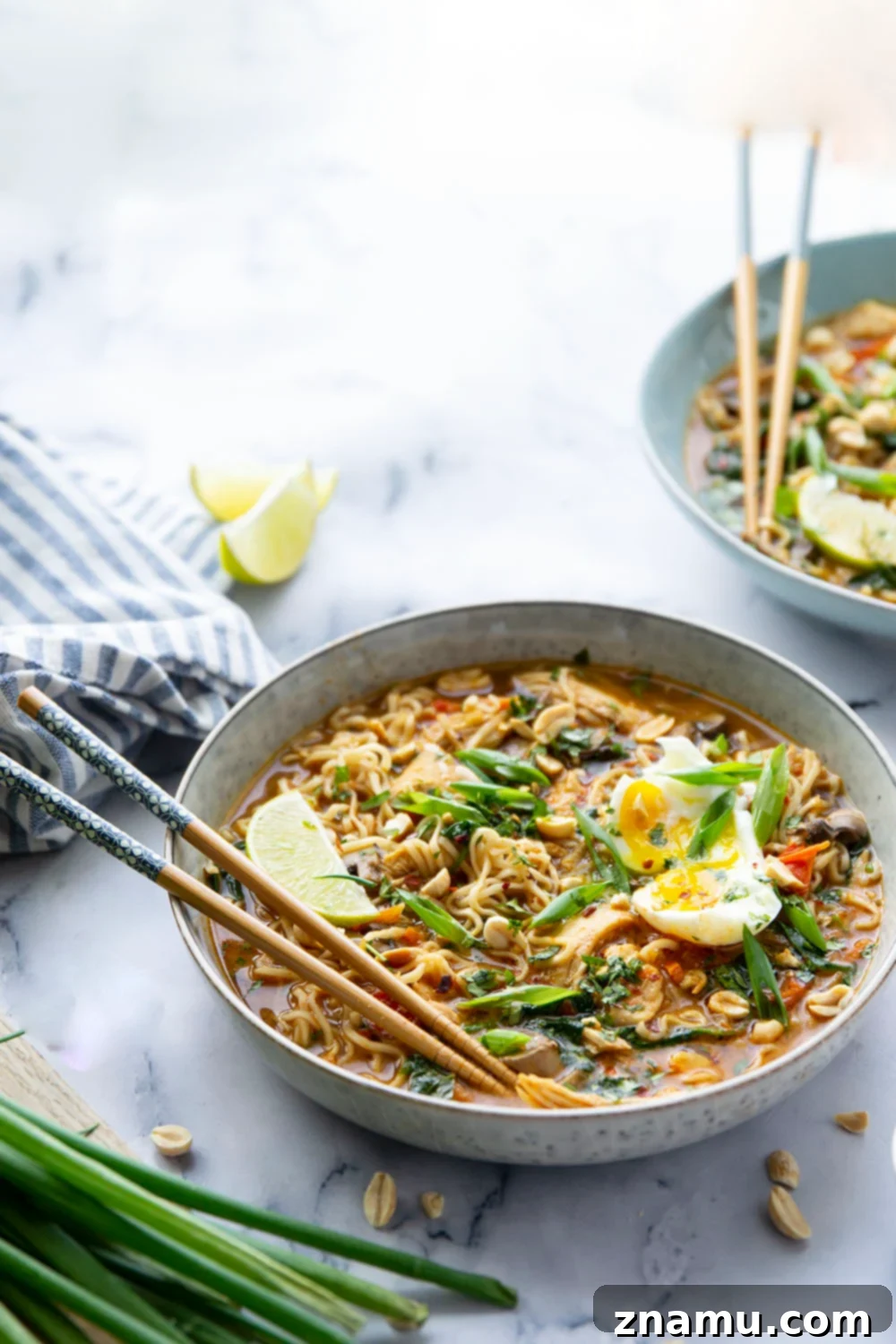 Ultimate Instant Pot Thai Peanut Chicken Ramen 6 This Thai peanut chicken ramen is made in under an hour entirely in the instant pot and is amazing loaded up with all your favorite ramen toppings!
