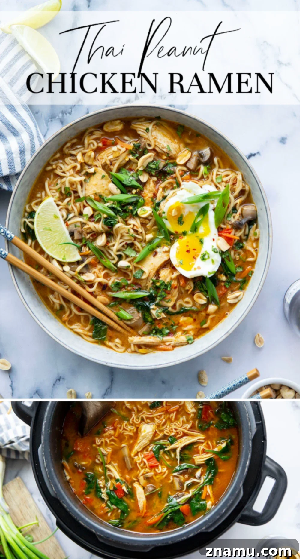 Ultimate Instant Pot Thai Peanut Chicken Ramen 7 This Thai peanut chicken ramen is made in under an hour entirely in the instant pot and is amazing loaded up with all your favorite ramen toppings!