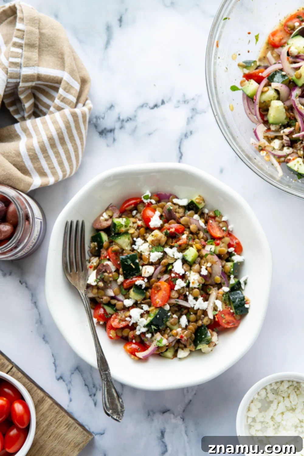 Vibrant Mediterranean Lentil Salad 5 Packed with fresh Mediterranean ingredients, tender lentils, and a flavorful citrus dressing, this Mediterranean lentil salad is quick to throw together and sure to be a lunch favorite!