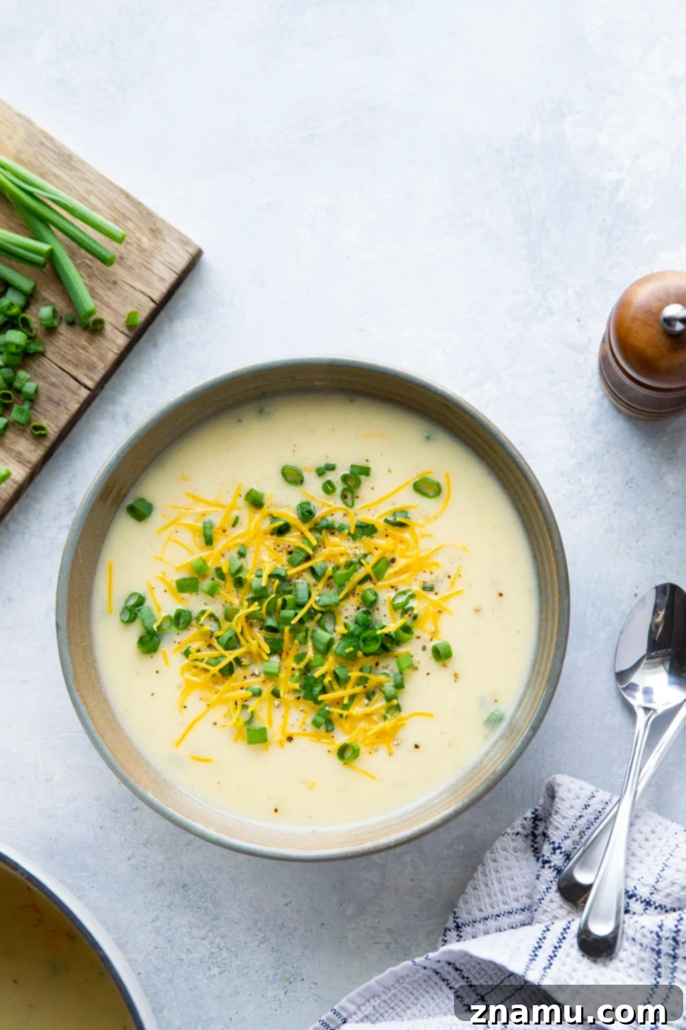 Golden Cauliflower Potato Cheese Velouté 3 Incredibly creamy and cheesy, this cauliflower potato soup is going to become an instant dinner favorite! Pair it alongside thick slices of your favorite bread for dipping.