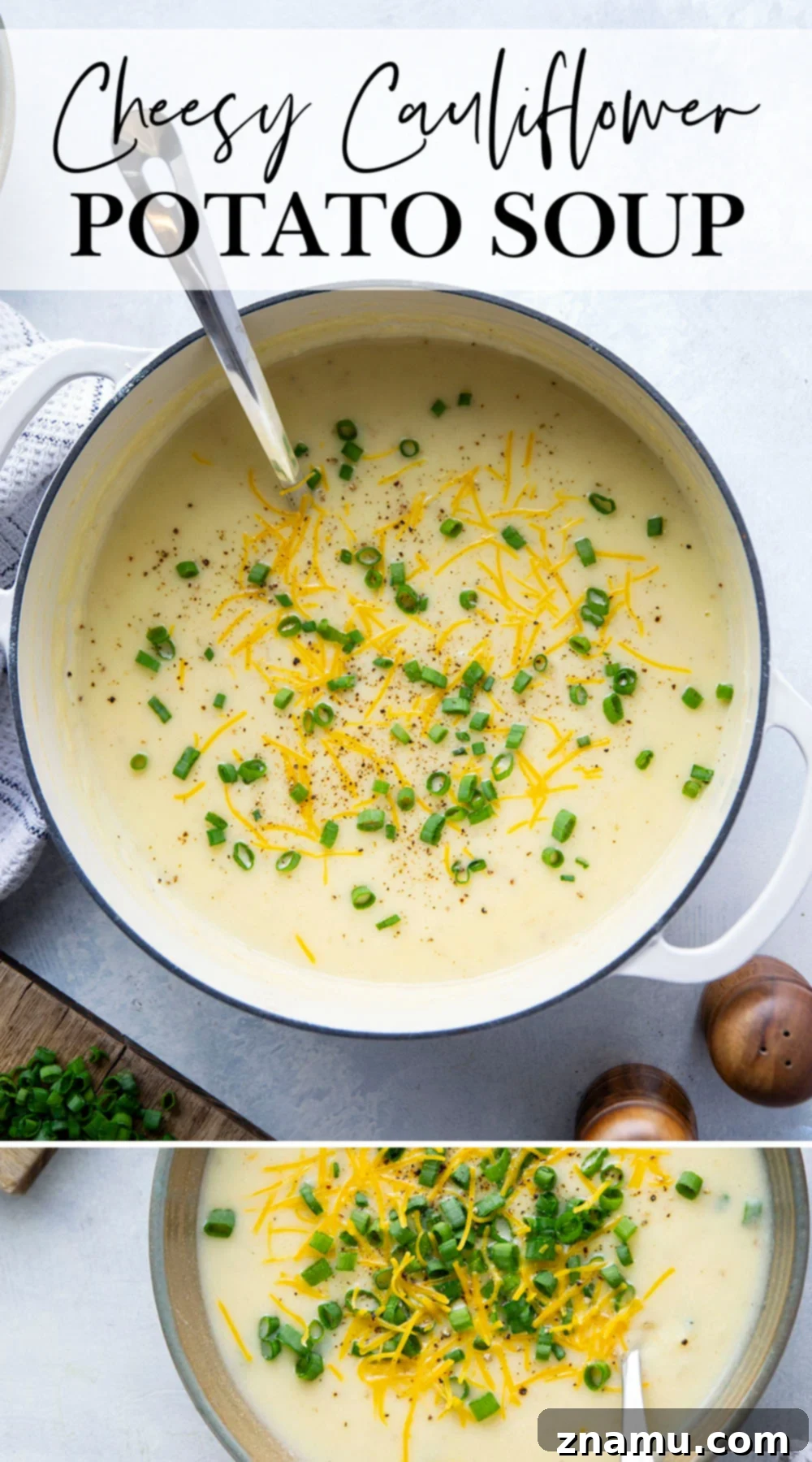 Golden Cauliflower Potato Cheese Velouté 7 Incredibly creamy and cheesy, this cauliflower potato soup is going to become an instant dinner favorite! Pair it alongside thick slices of your favorite bread for dipping.